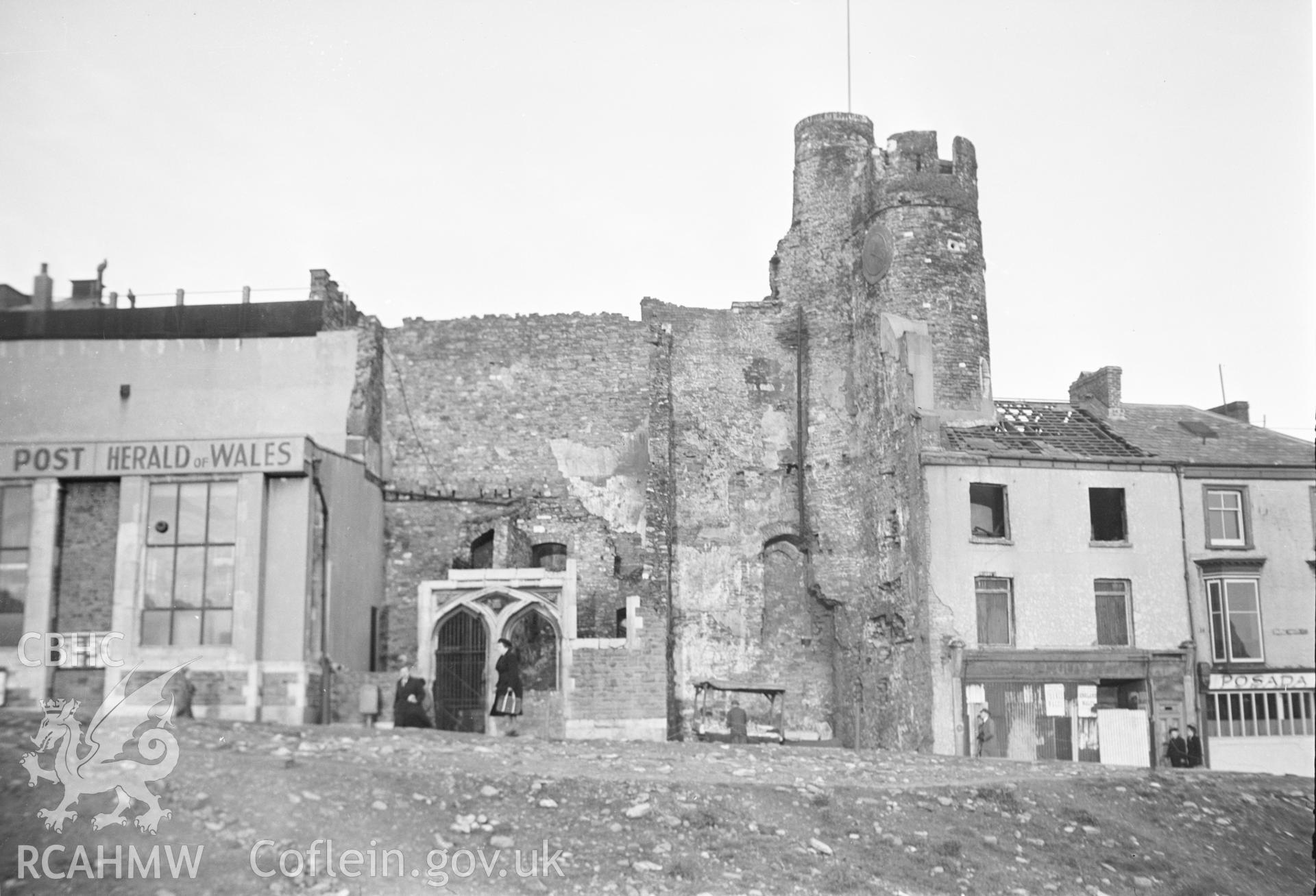 Digital copy of a nitrate negative showing view of Swansea Castle taken by Leonard Monroe, March 1950.