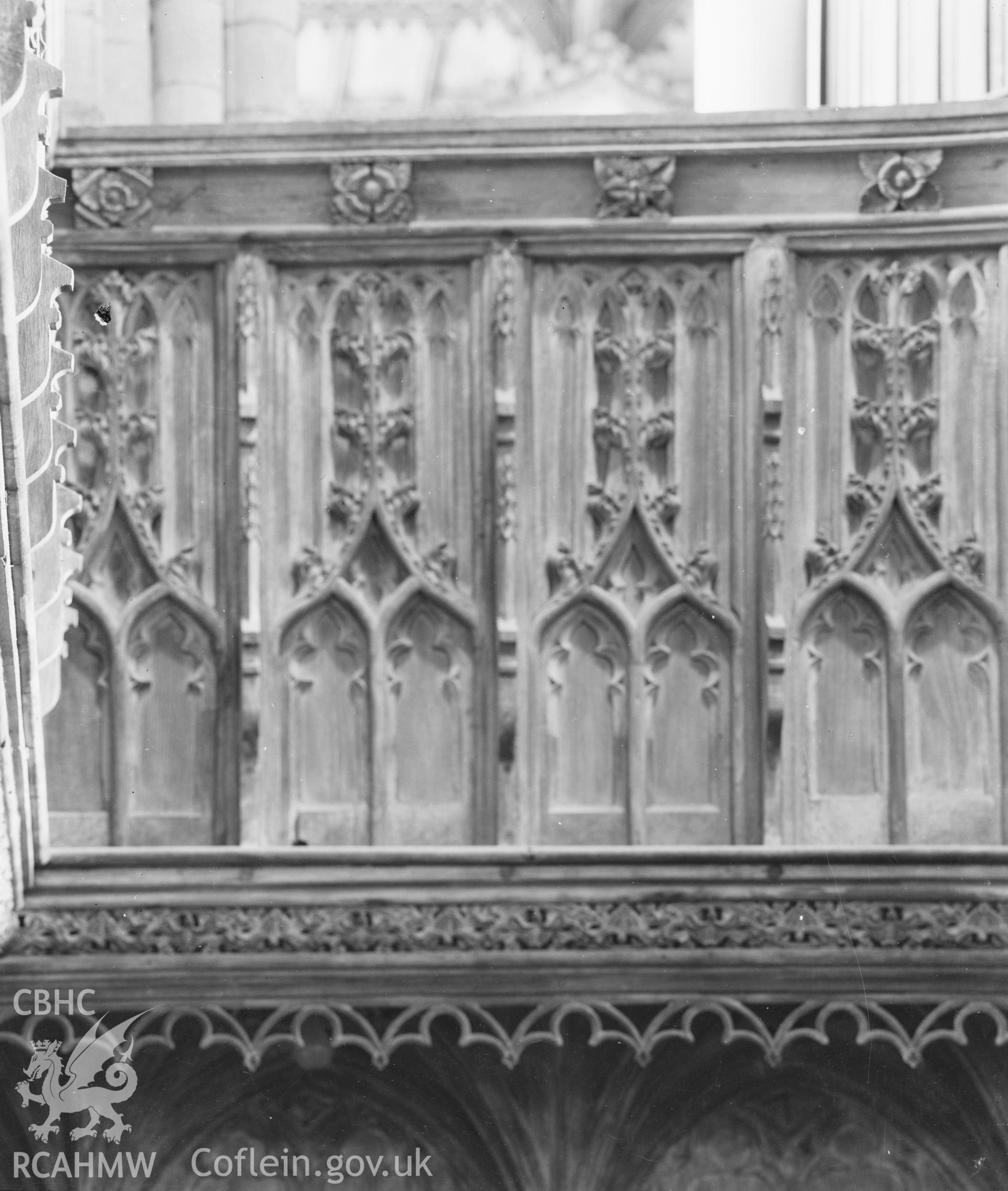 Digital copy of a black and white acetate negative showing fretwork in St. David's Cathedral, taken by E.W. Lovegrove, July 1936