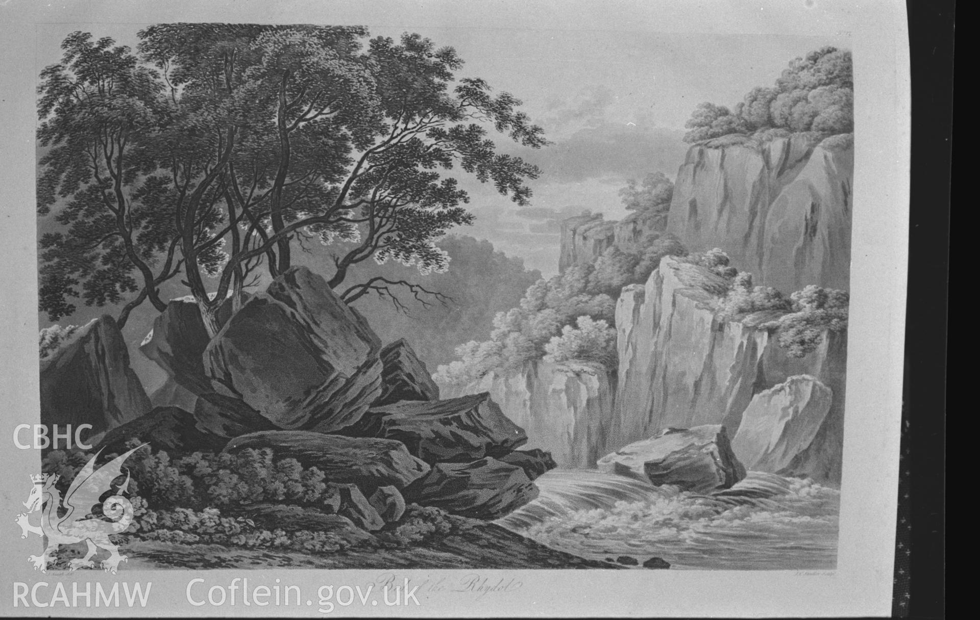 Page illustration of Hafod Uchtryd: 'Bed of the Rydol' - photographed from 'Fifteen views illustrative of a tour to Hafod in Cardiganshire' by J. E. Smith (1810). Photographed by Arthur O. Chater in January 1968 for his own private research.