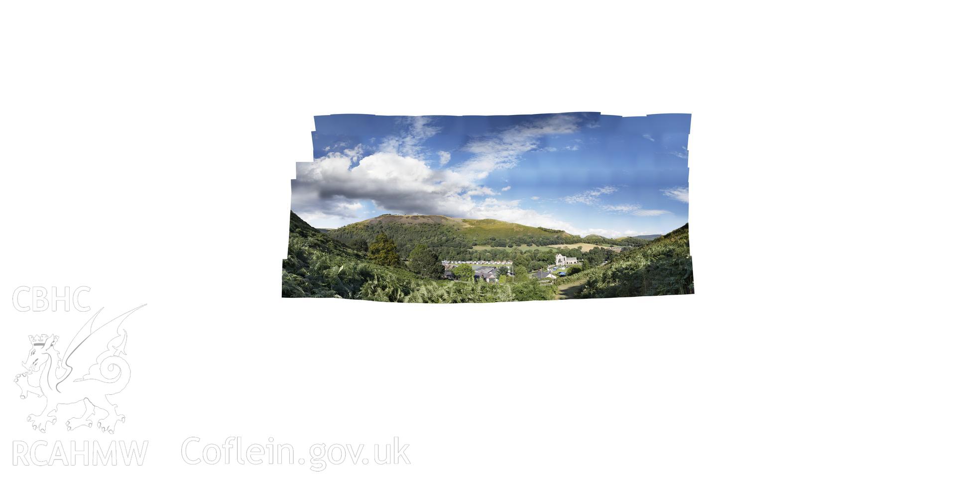 Reduced resolution .tiff file of stitched images overlooking Valle Crucis Abbey, carried out by Sue Fielding and Rita Singer, July 2017. Produced through European Travellers to Wales project.