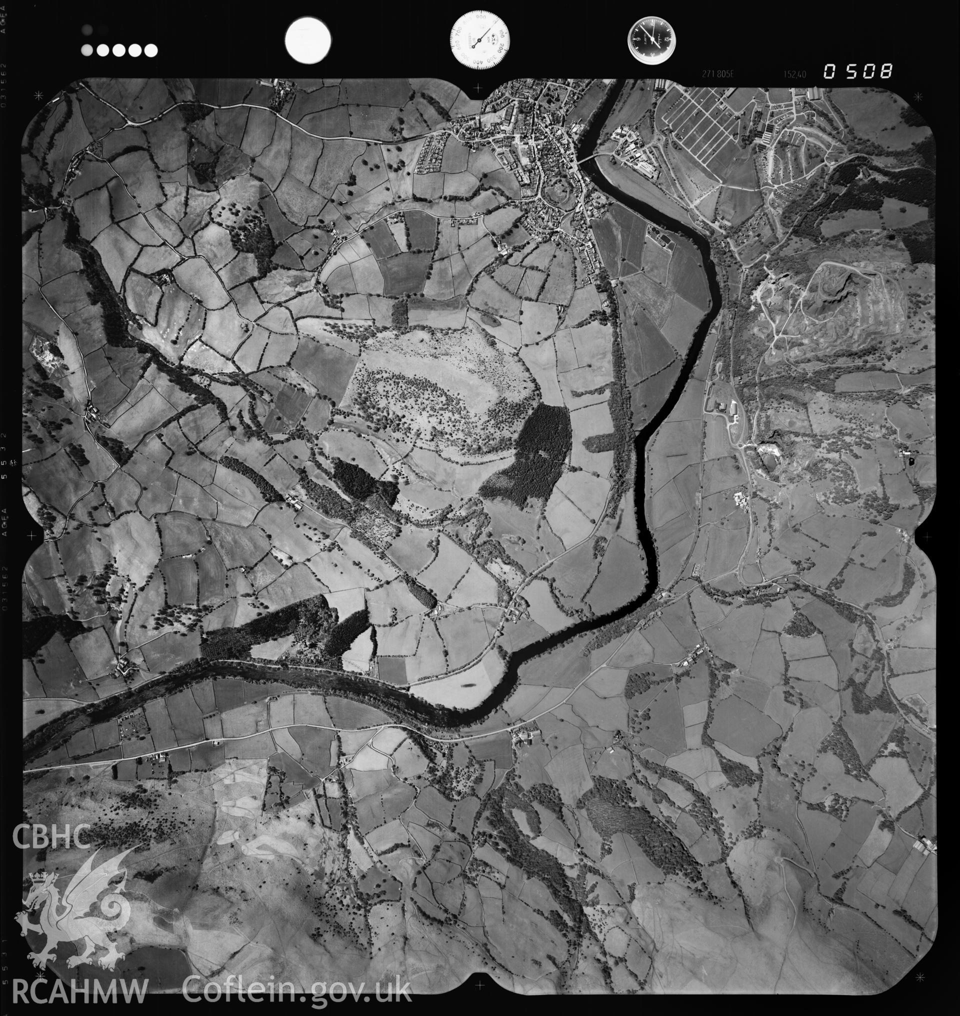 Digital copy of an aerial photograph showing area around Builth Wells SO0550, taken by Ordnance Survey, 2000.