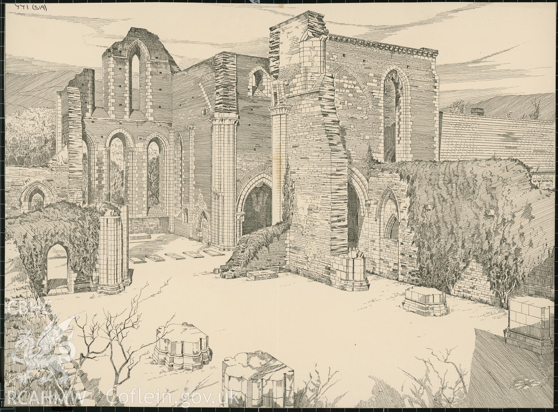 Digitised copy of a non RCAHMW drawing showing view of Valle Crucis Abbey.