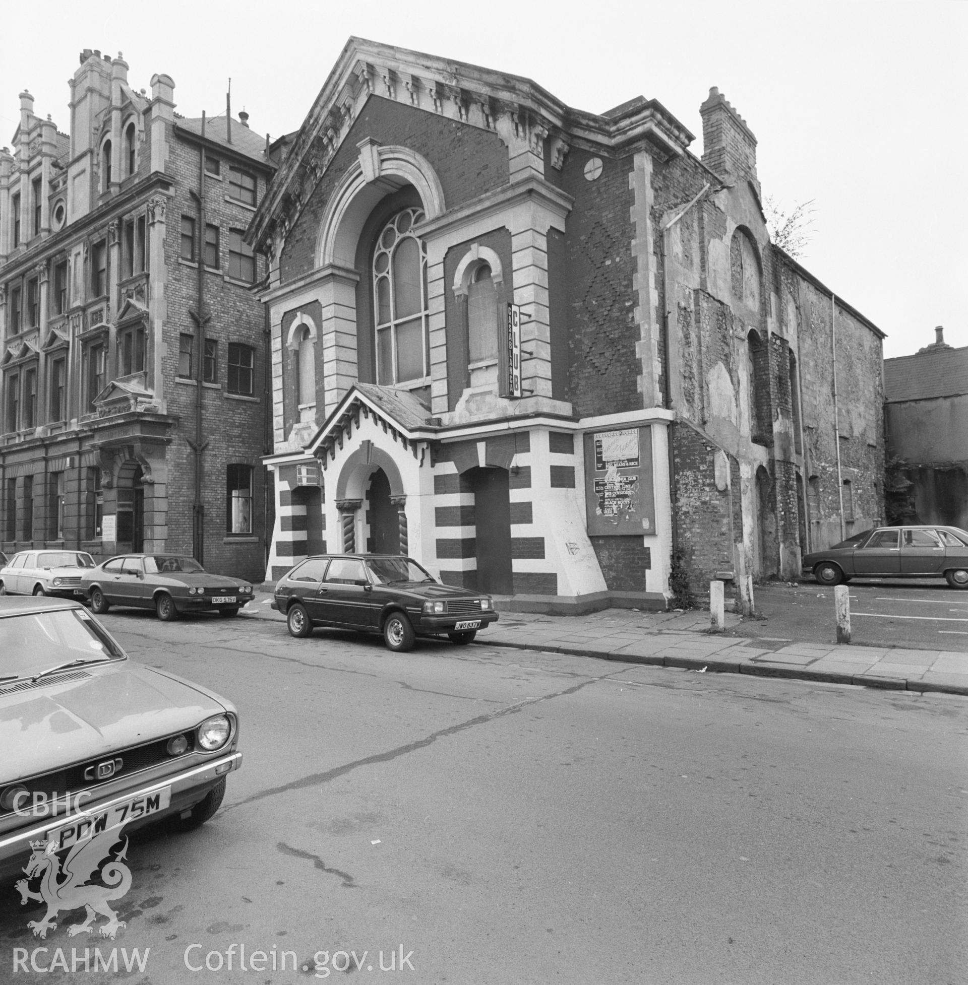 Digital copy of a black and white negative showing view of Bethel English Baptist Chapel. Casablanca Club, Cardiff.