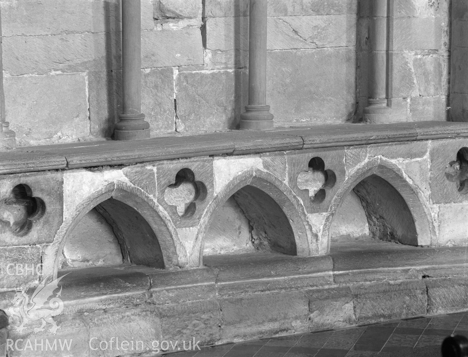 Digital copy of a black and white nitrate negative showing detail of interior stonework at St. David's Cathedral, taken by E.W. Lovegrove, July 1936.