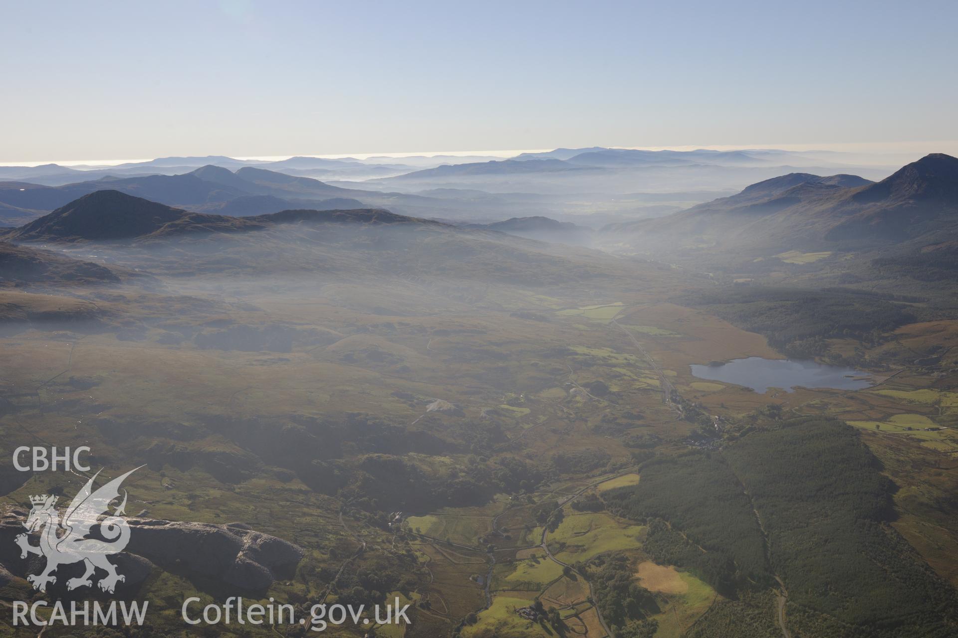 Glanrafon slate quarry and Llyn y Gader beyond, Capel Garmon. Oblique aerial photograph taken during the Royal Commission's programme of archaeological aerial reconnaissance by Toby Driver on 2nd October 2015.