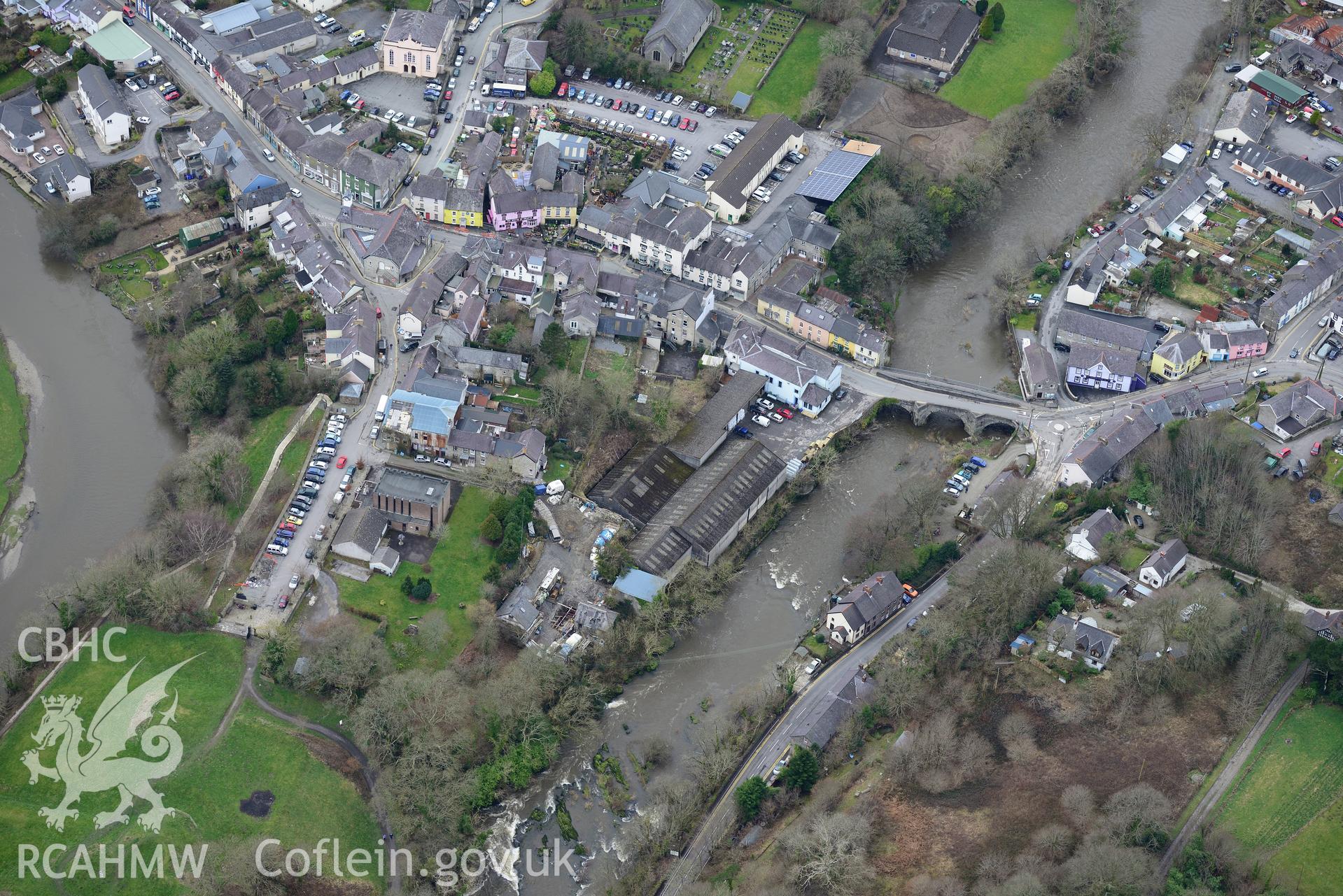 Newcastle Emlyn bridge, Newcastle Emlyn. Oblique aerial photograph taken during the Royal Commission's programme of archaeological aerial reconnaissance by Toby Driver on 13th March 2015.