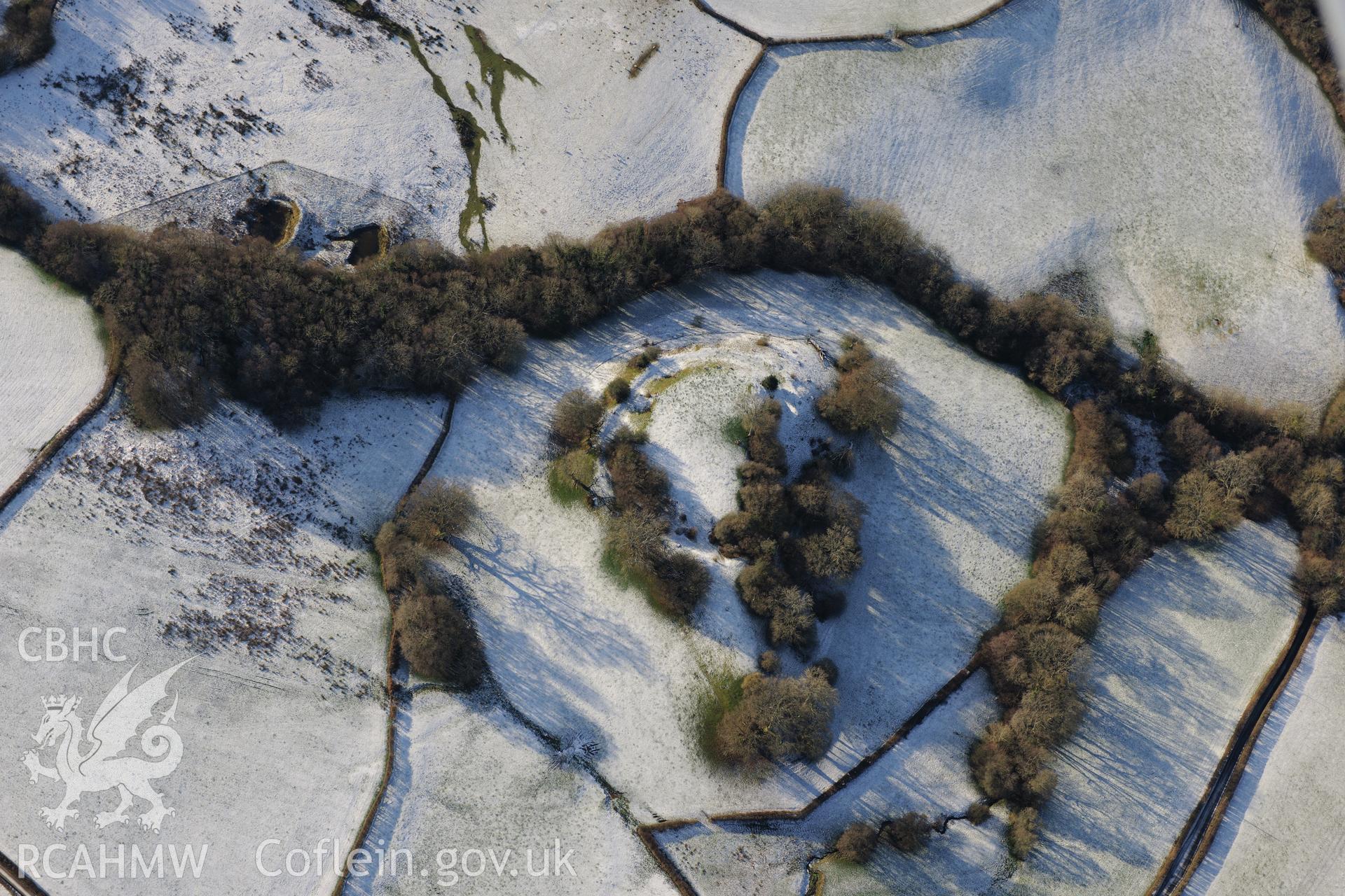 Crickadarn Castle earthworks, south east of Builth Wells. Oblique aerial photograph taken during the Royal Commission?s programme of archaeological aerial reconnaissance by Toby Driver on 15th January 2013.