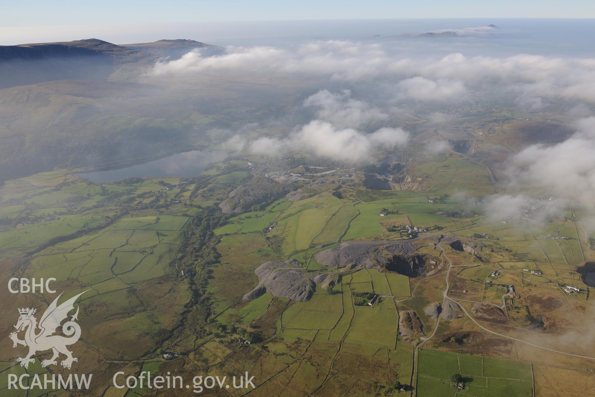 Braich Rhyd slate quarry and Fron slate quarry, north of Nantlle. Oblique aerial photograph taken during the Royal Commission's programme of archaeological aerial reconnaissance by Toby Driver on 2nd October 2015.