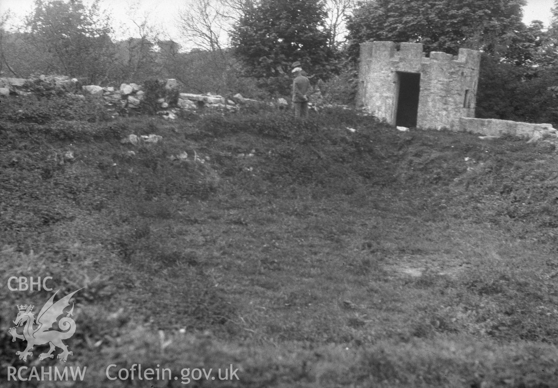 Digital copy of a nitrate negative showing Aber Lleingiog Castle. From Cadw Monuments in Care Collection.