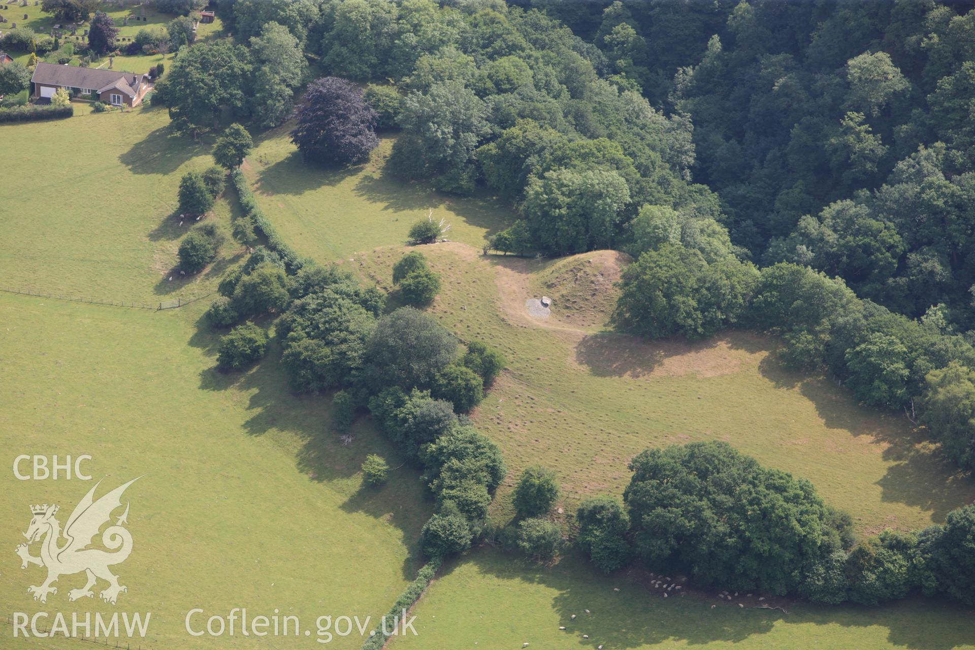 Aberedw Castle Mound, south east of Builth Wells. Oblique aerial photograph taken during the Royal Commission?s programme of archaeological aerial reconnaissance by Toby Driver on 1st August 2013.
