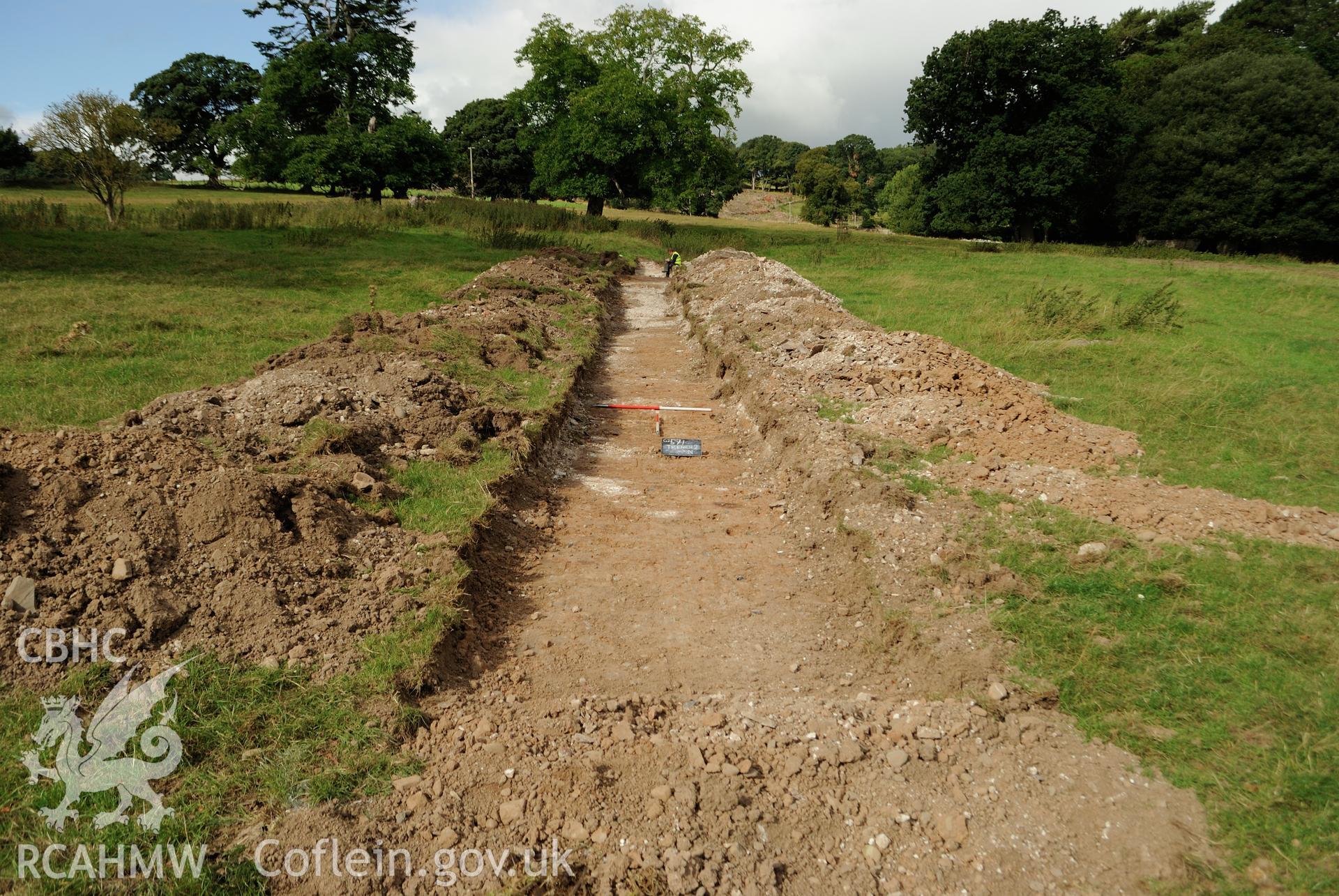 View from the east showing eastern terminal of Trench 2, post excavation. Photographed during archaeological evaluation of Kinmel Park, Abergele, conducted by Gwynedd Archaeological Trust on 24th August 2018. Project no. 2571.