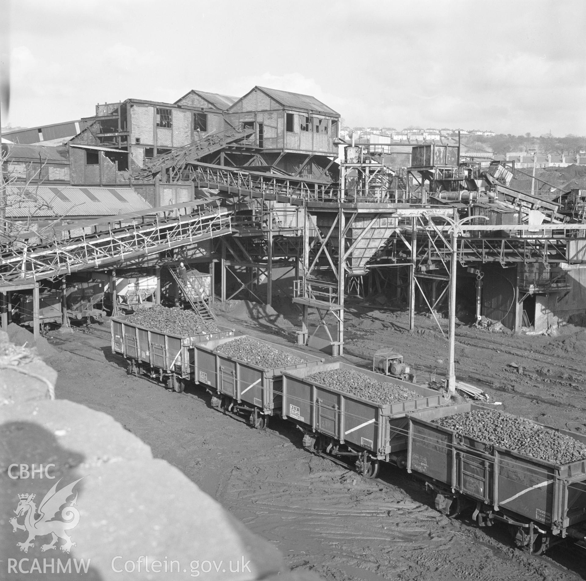 Digital copy of an acetate negative showing screens and railway sidings, before modernisation of Ocean Deep Navigation Colliery from the John Cornwell Collection.
