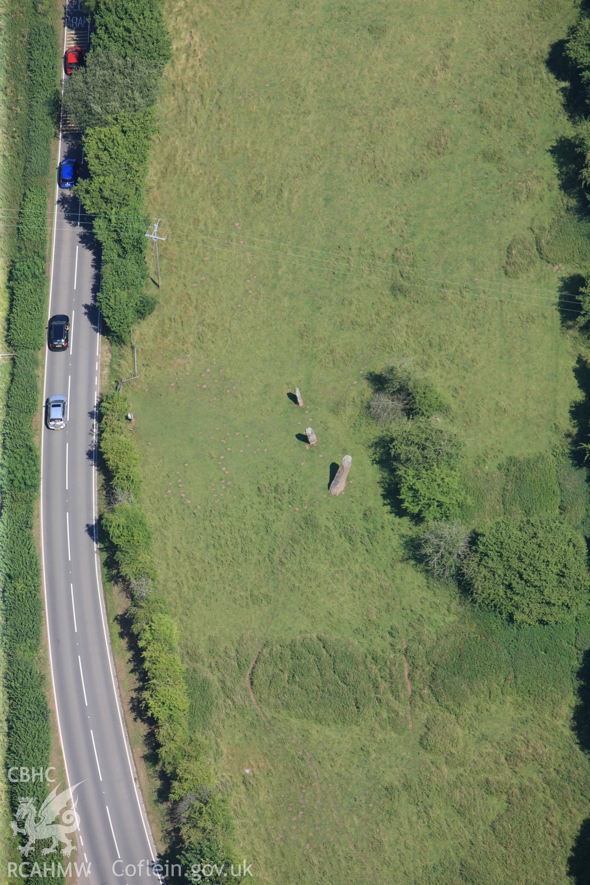 Harold's Stones, Trellech, south of Monmouth. Oblique aerial photograph taken during the Royal Commission?s programme of archaeological aerial reconnaissance by Toby Driver on 1st August 2013.