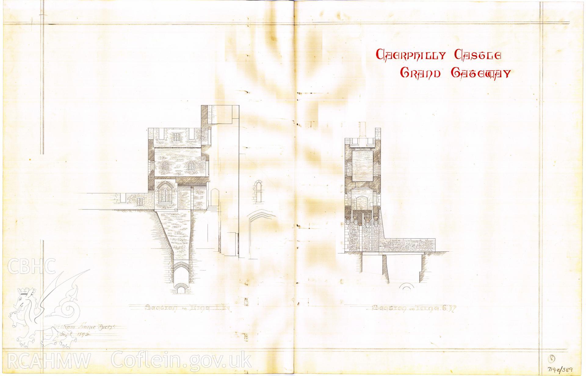 Cadw guardianship monument drawing of Caerphilly Castle. Grand Gateway. Cadw Ref. No:714B/389. Scale 1:96.