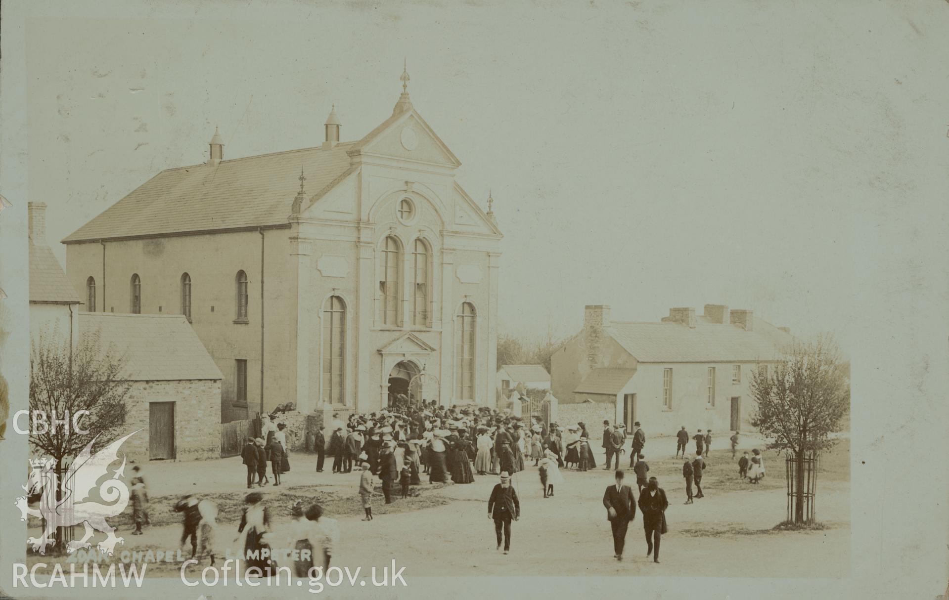 Digital copy of monochrome postcard showing exterior view of Soar Welsh Independent chapel, Y Commins, Lampeter. Postcard produced by D. J. Davies, The Studio, Lampeter. Franked on 31st May 1910 at 2:30 pm. Loaned for copying by Thomas Lloyd.