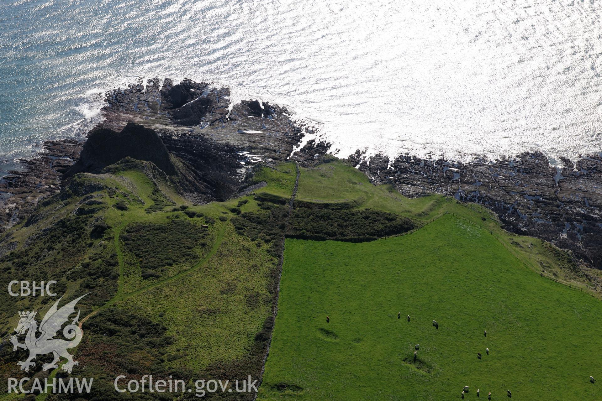 The Knave promontory fort, on the south western shore of the Gower Peninsula. Oblique aerial photograph taken during the Royal Commission's programme of archaeological aerial reconnaissance by Toby Driver on 30th September 2015.