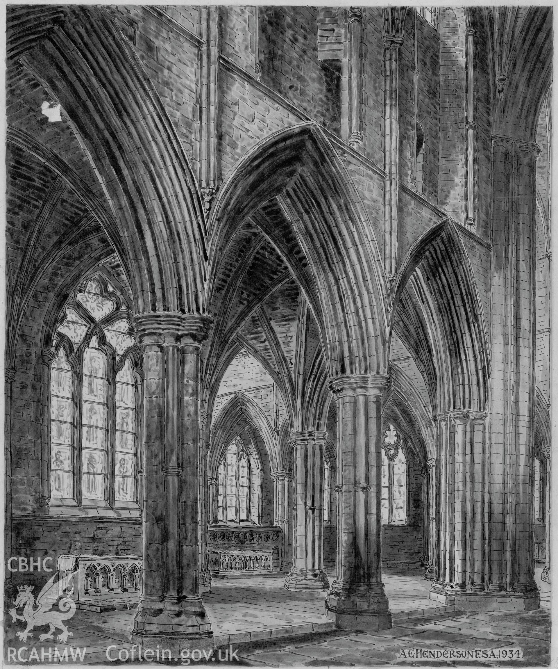 Digital copy of a conjectural reconstruction drawing of 'Tintern Abbey as Erected: North Transept, East Side, Looking Towards Sanctuary' produced by Arthur E. Henderson, 1934.