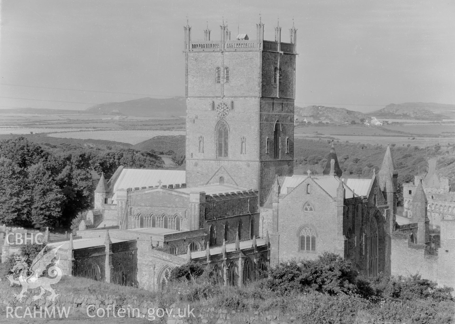Digital copy of a black and white acetate negative showing landscape view of St. David's Cathedral, taken by E.W. Lovegrove, July 1936