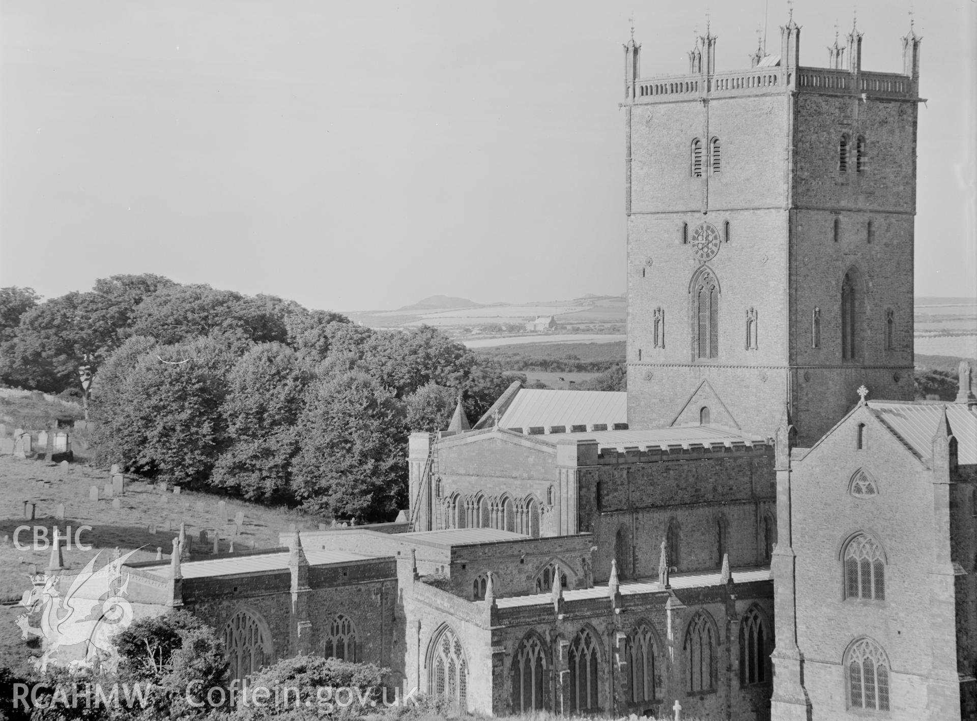 Digital copy of a black and white acetate negative showing general exterior view of St. David's Cathedral, taken by E.W. Lovegrove, July 1936.