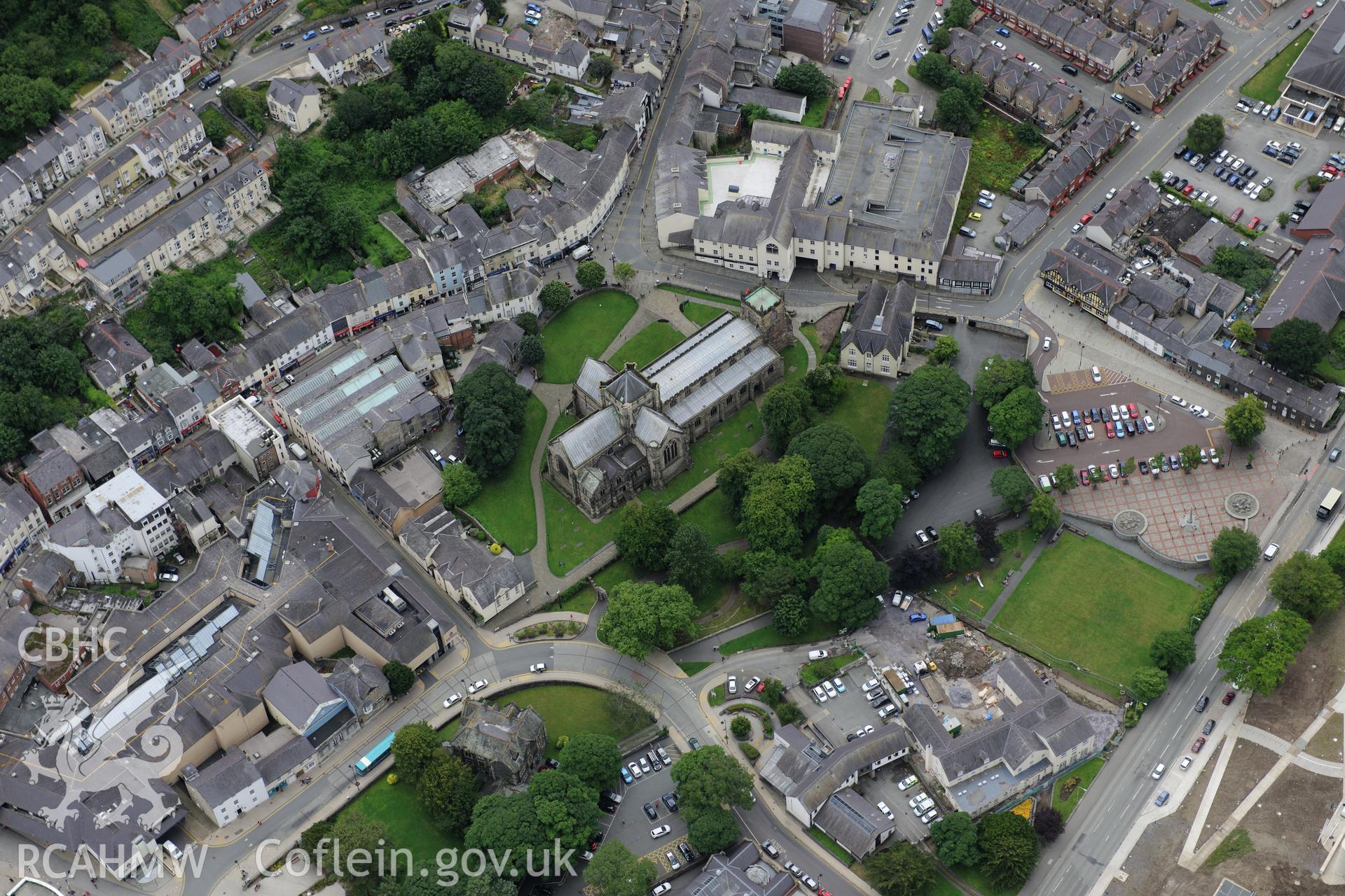 St. Deiniol's Cathedral, Friars Cottage and the Deanery, Bangor. Oblique aerial photograph taken during the Royal Commission's programme of archaeological aerial reconnaissance by Toby Driver on 30th July 2015.