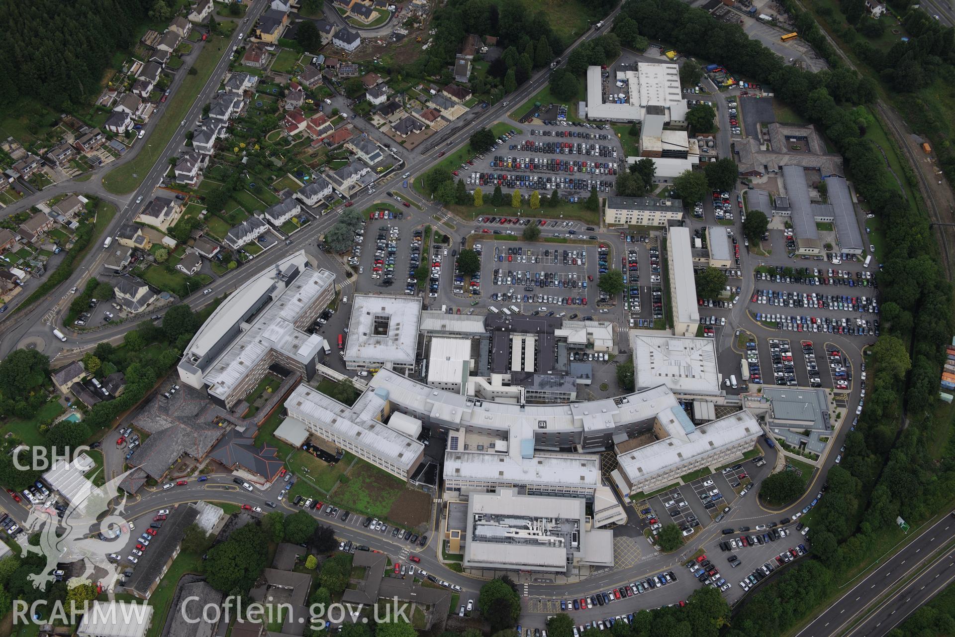 West Wales General Hospital, Carmarthen. Oblique aerial photograph taken during the Royal Commission?s programme of archaeological aerial reconnaissance by Toby Driver on 1st August 2013.