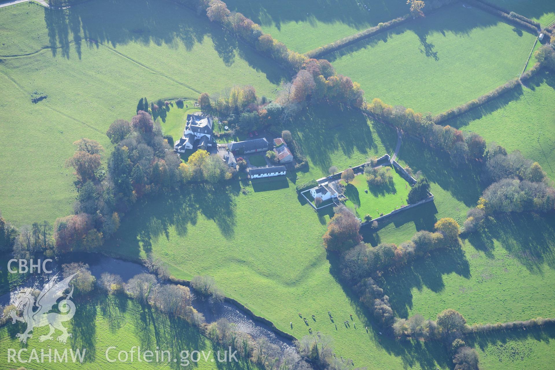 Dol Haidd Mansion, garden and farm buildings. Oblique aerial photograph taken during the Royal Commission's programme of archaeological aerial reconnaissance by Toby Driver on 2nd November 2015.