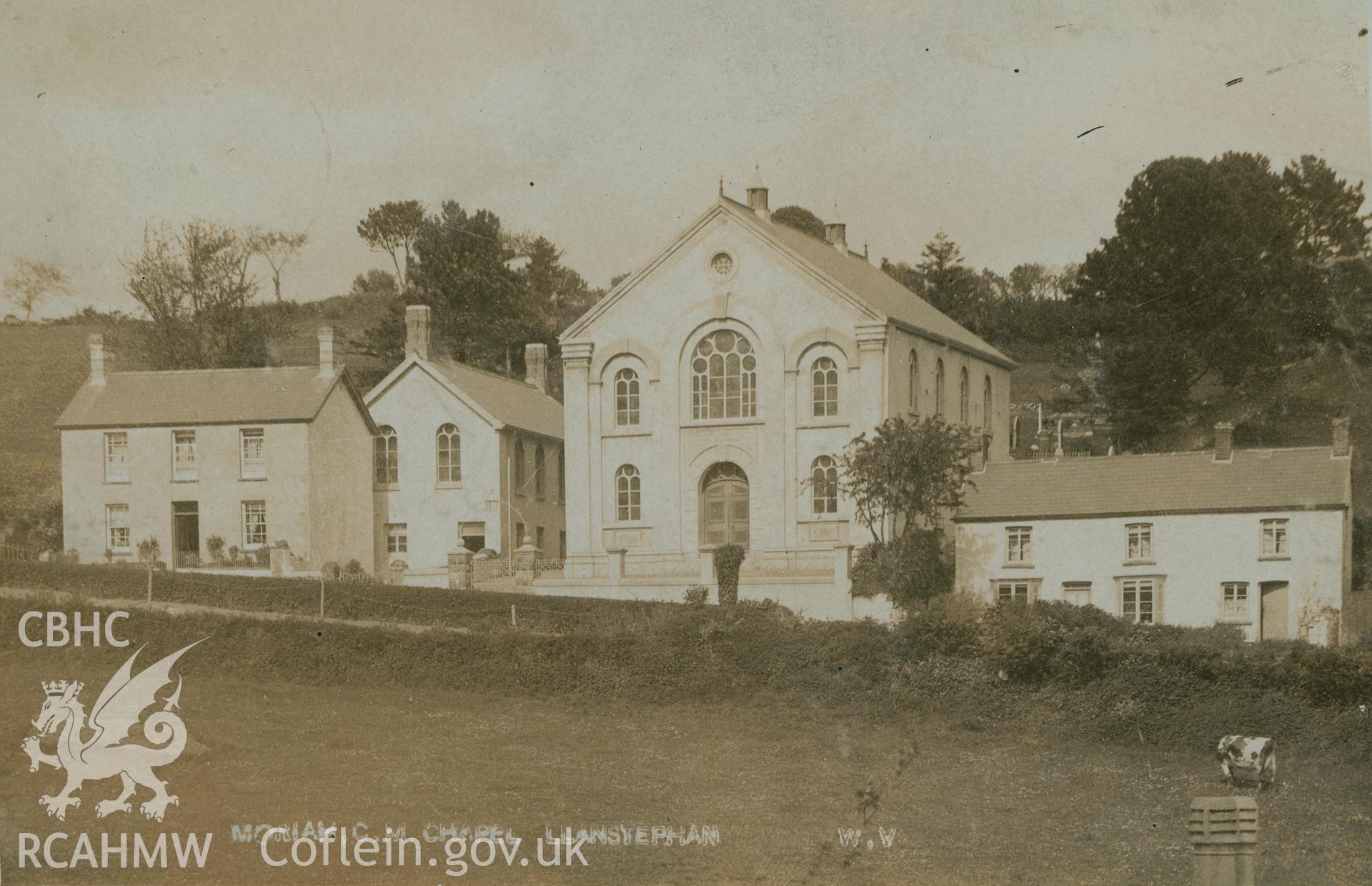 Digital copy of monochrome postcard showing exterior view of Moriah Calvinistic Methodist chapel, Llansteffan. Loaned for copying by Thomas Lloyd.