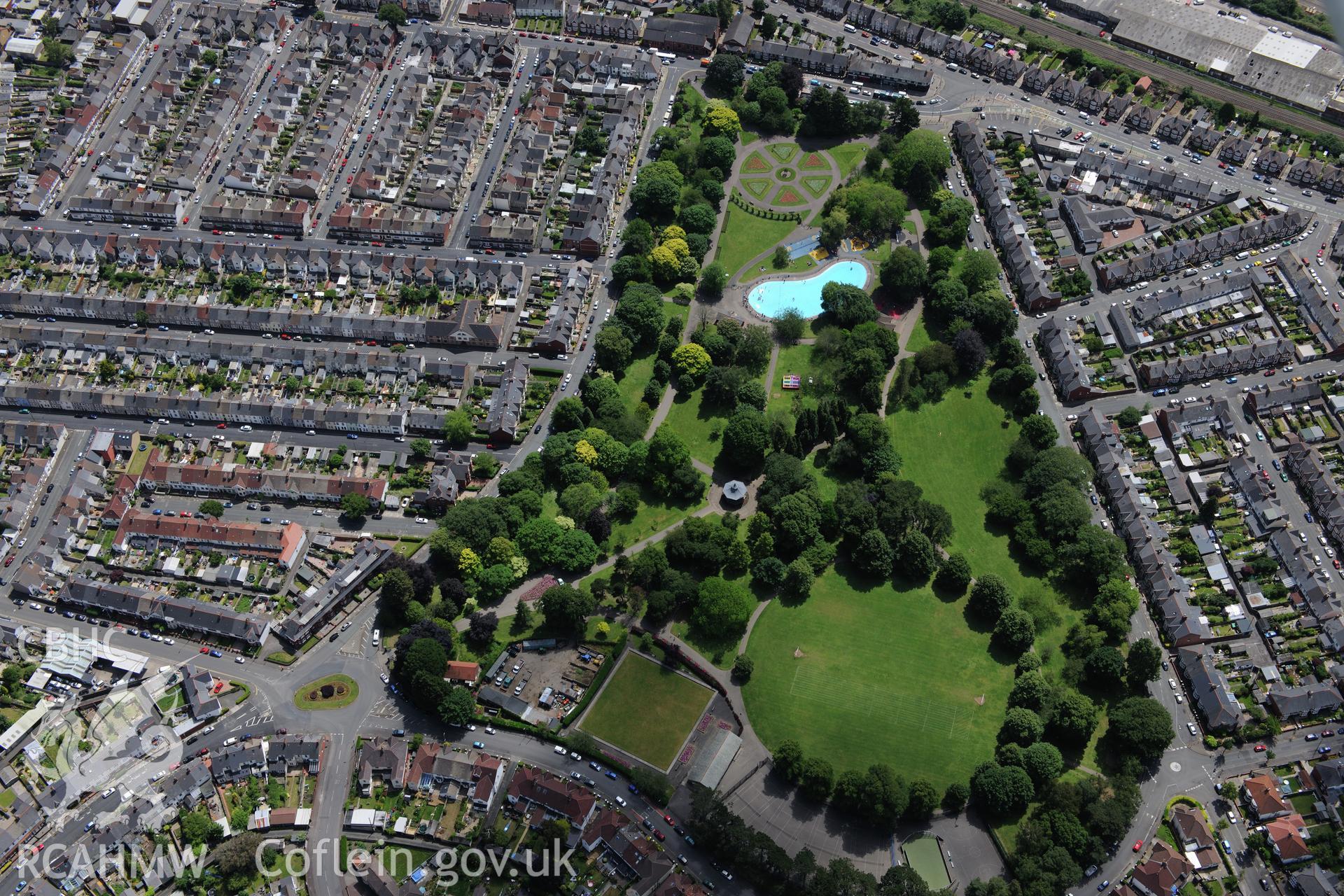 Victoria Park grounds and fountain canopy, Cardiff. Oblique aerial photograph taken during the Royal Commission's programme of archaeological aerial reconnaissance by Toby Driver on 29th June 2015.
