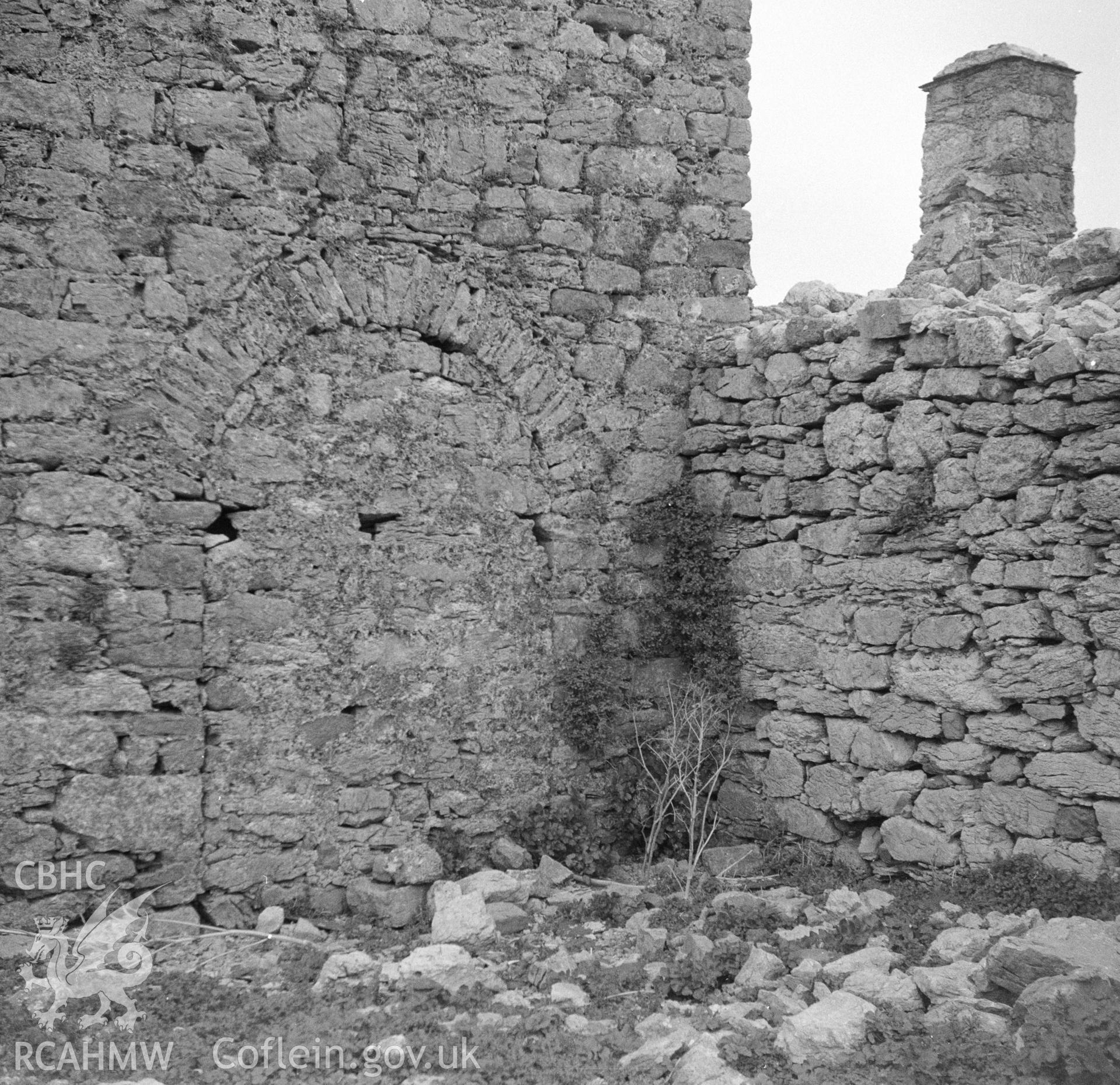 Digital copy of a black and white negative showing the Church Tower on Puffin Island.
