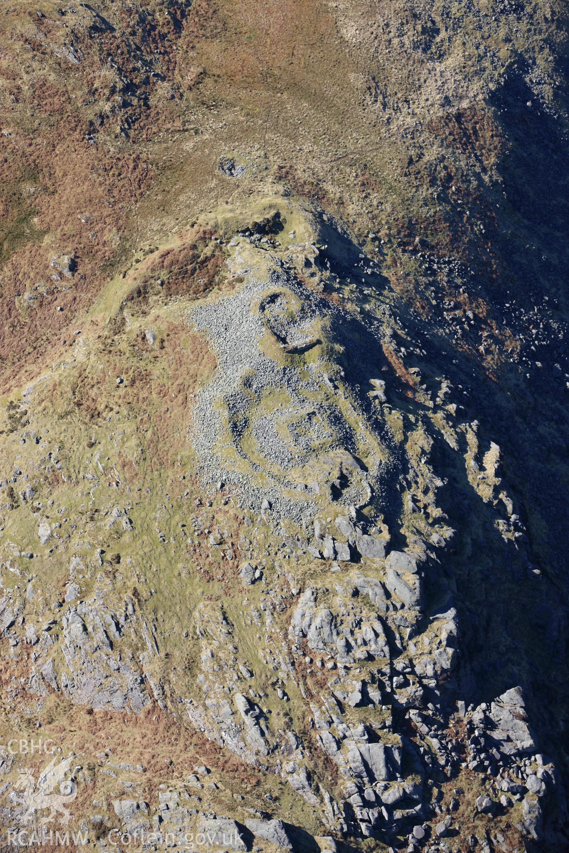 RCAHMW colour oblique photograph of Castell Carndochan, Dolhendre. Taken by Toby Driver on 08/03/2010.