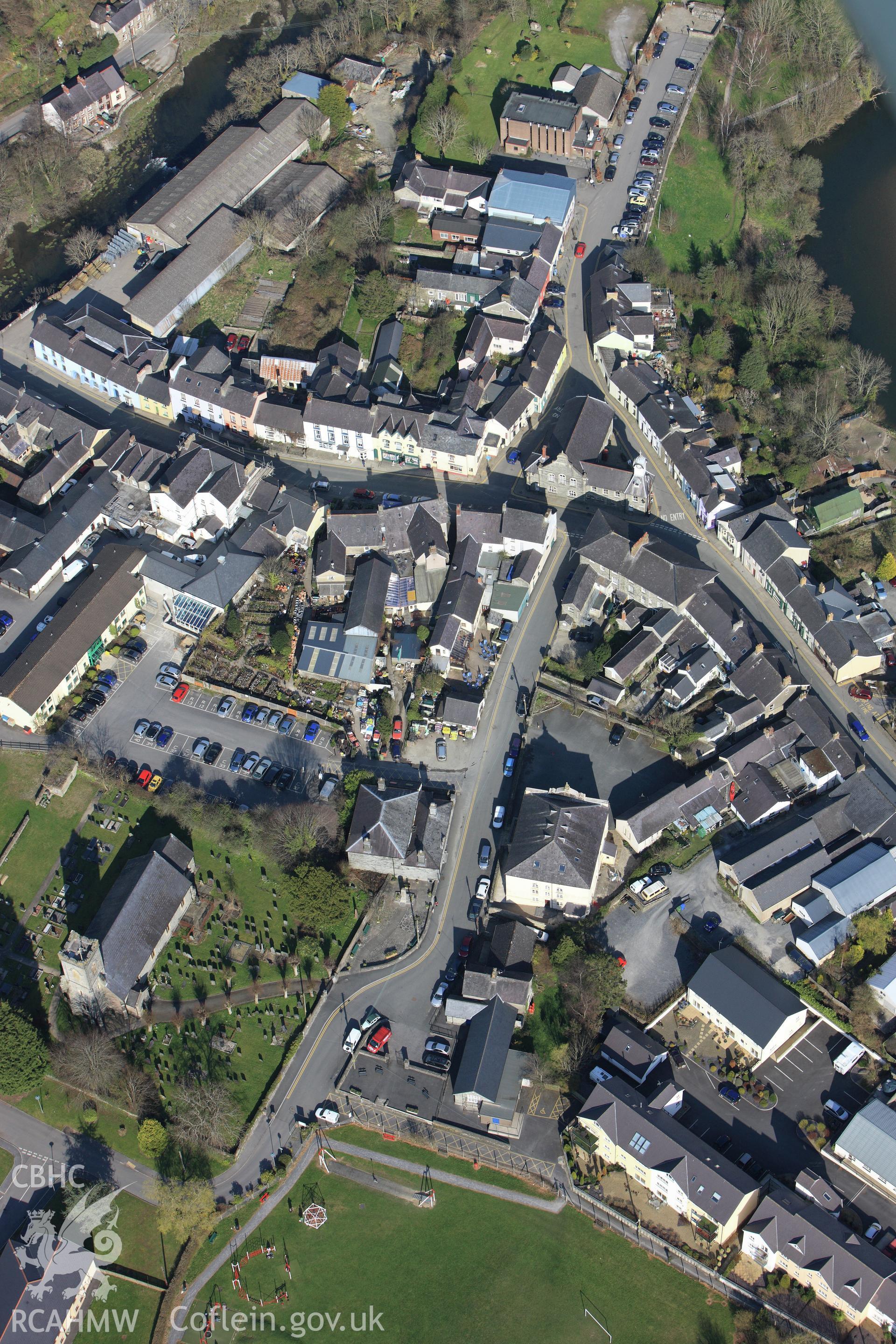 RCAHMW colour oblique aerial photograph of Newcastle Emlyn. Taken on 13 April 2010 by Toby Driver