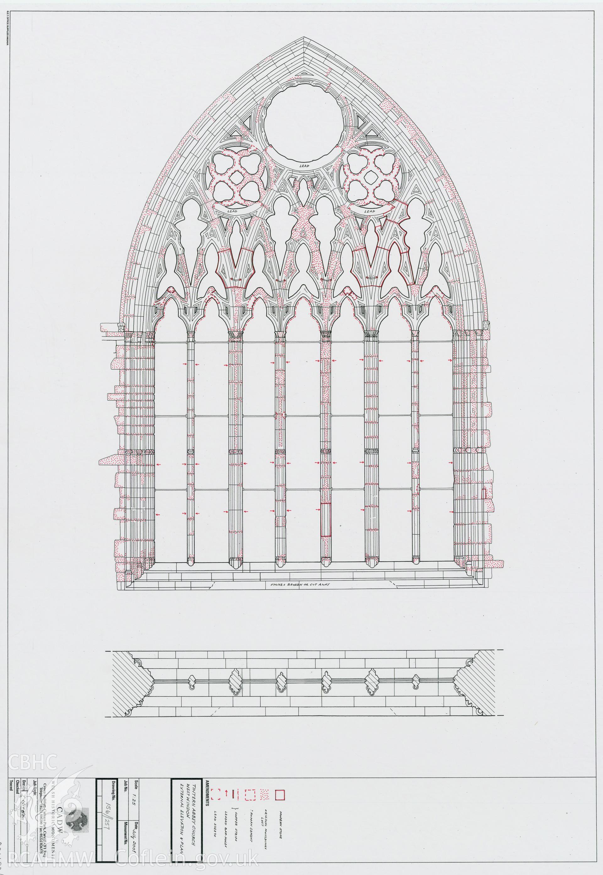 Digital copy of Cadw guardianship monument drawing of Tintern Abbey, plan and external elevation of west window, dated July 2001.