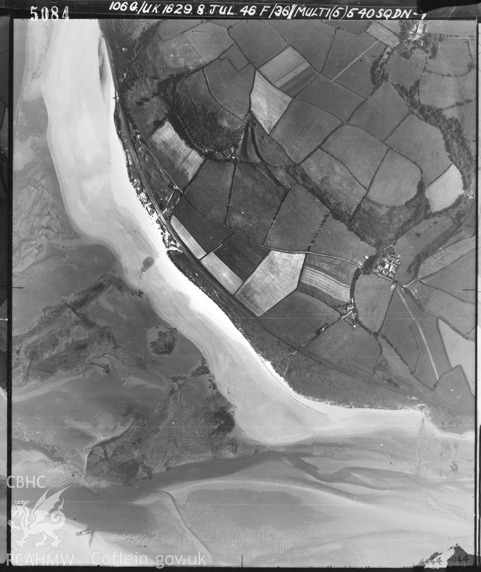 Digital copy of an aerial view of area SN359070. taken by RAF.  View of maritime sites, Fishtrap M, D and E, Salmon and Pastoun Scars, nprns 519273, 519274 and 519278. Paul Scar nprn 273652 and Unnamed wreck at Salmon Scar nprn 91388.