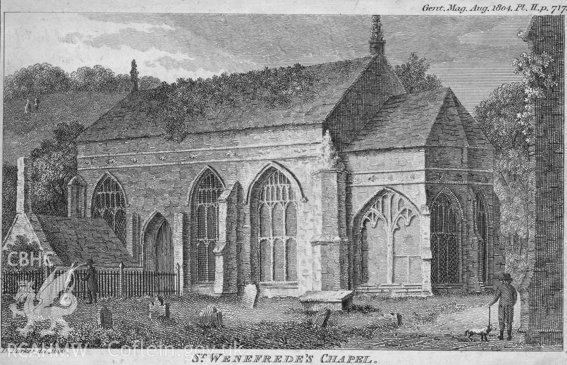 Digital copy of an etching showing St Winifrede's Well.