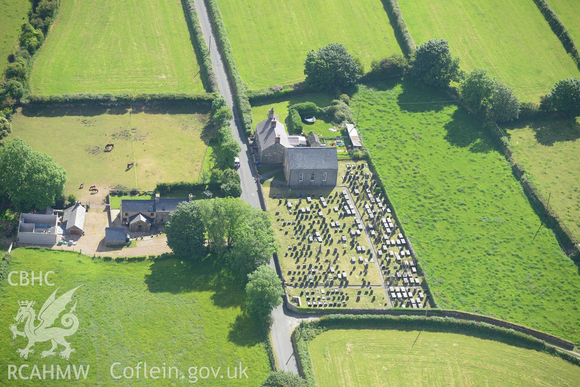 Capel Helyg Welsh Independent Chapel, Llangybi. Oblique aerial photograph taken during the Royal Commission's programme of archaeological aerial reconnaissance by Toby Driver on 23rd June 2015.