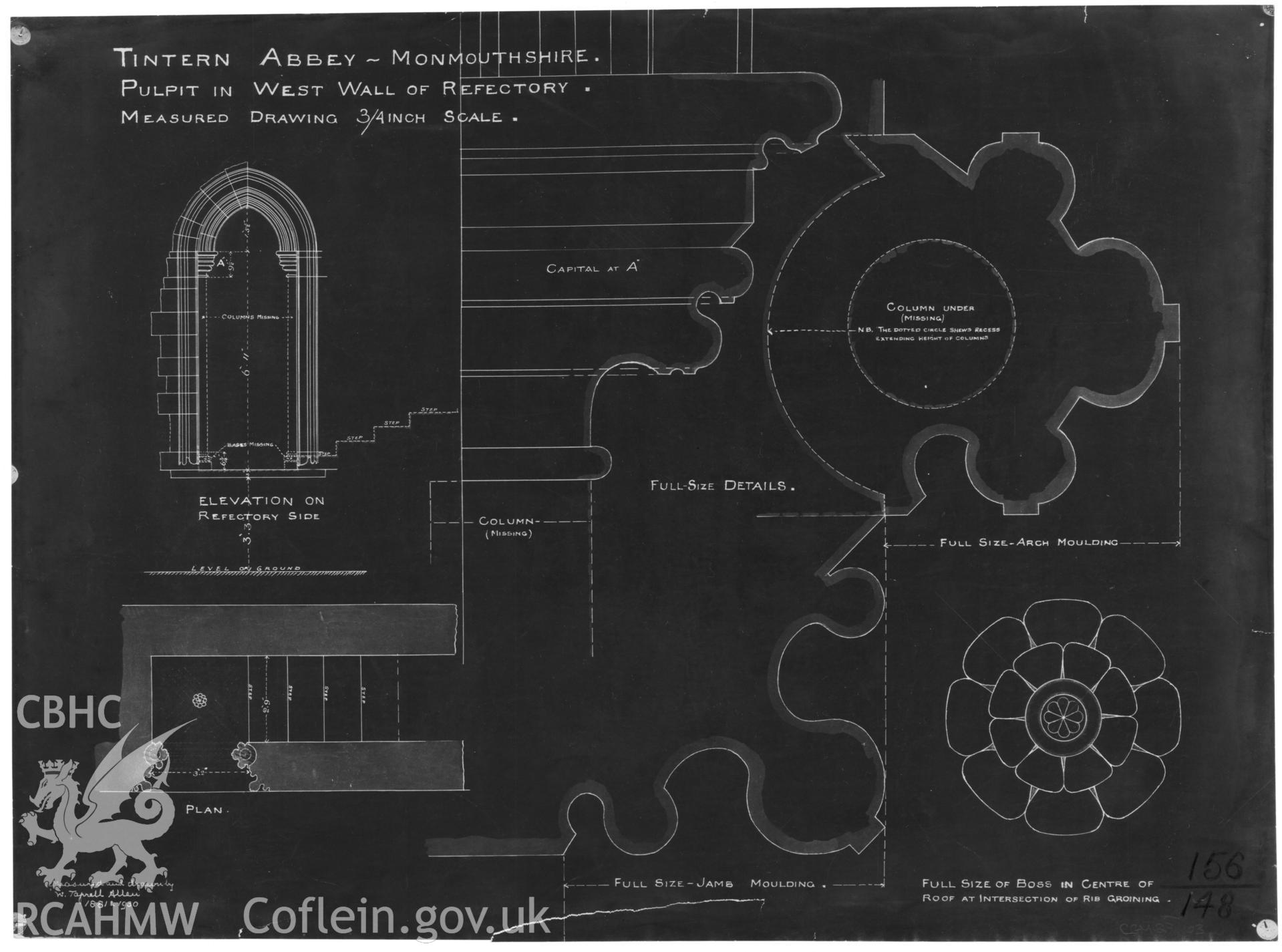 Digital copy of Cadw guardianship monument drawing of Tintern Abbey, negative carbon copy showing detail of pulpit in west wall of refectory, produced by W.T. Allen, 1930.