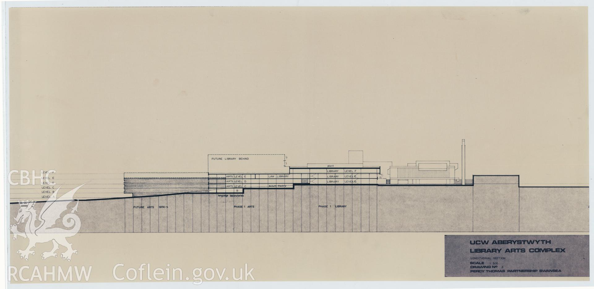 Digital copy of Drawing No 2, elevation to Great Hall road at the proposed Library Arts Complex at University College Aberystwyth, produced by Percy Thomas Partnership. Scale 1:500.