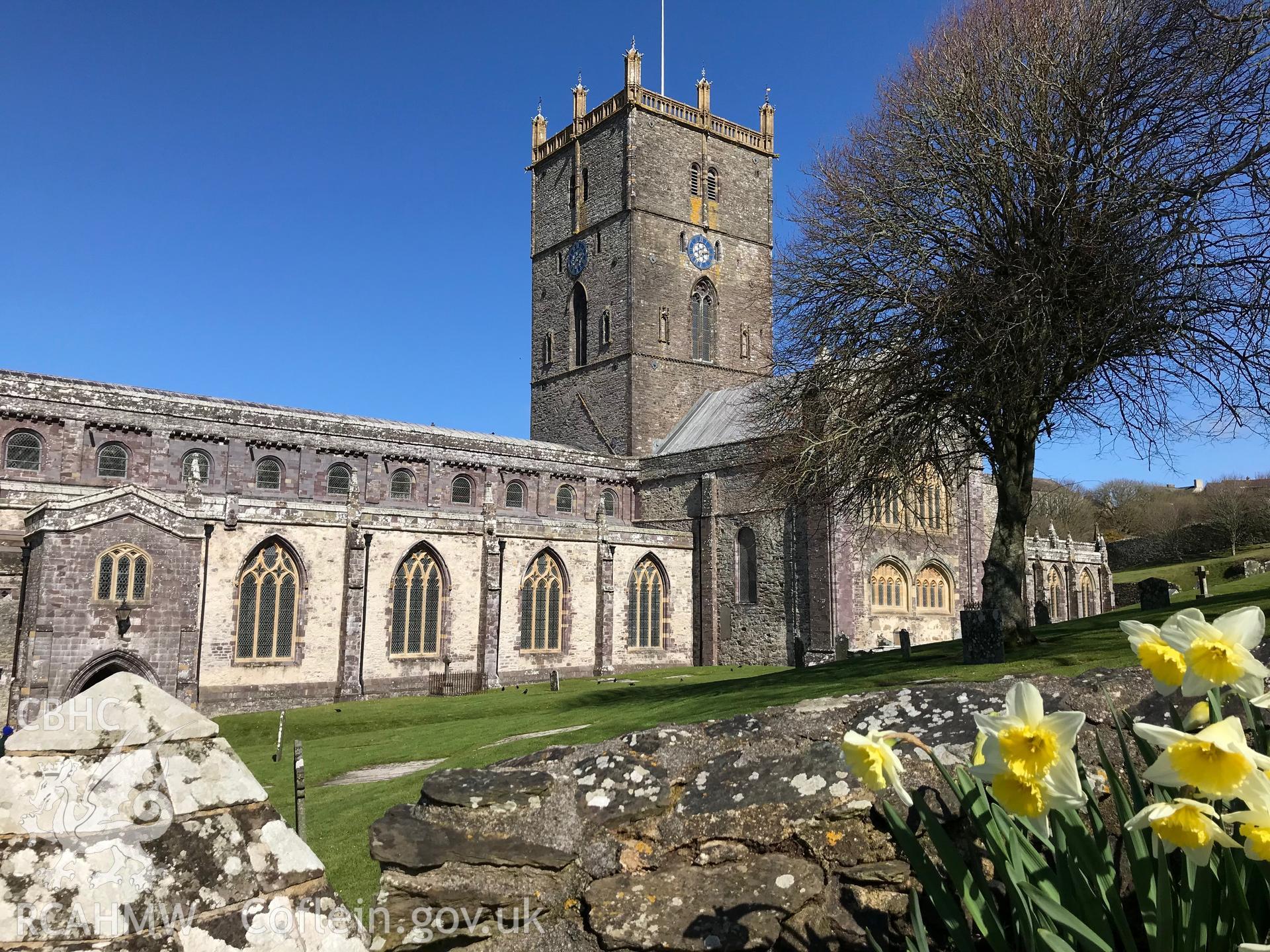 Colour photo showing view of St David's Cathedral, taken by Paul R. Davis, 2018.