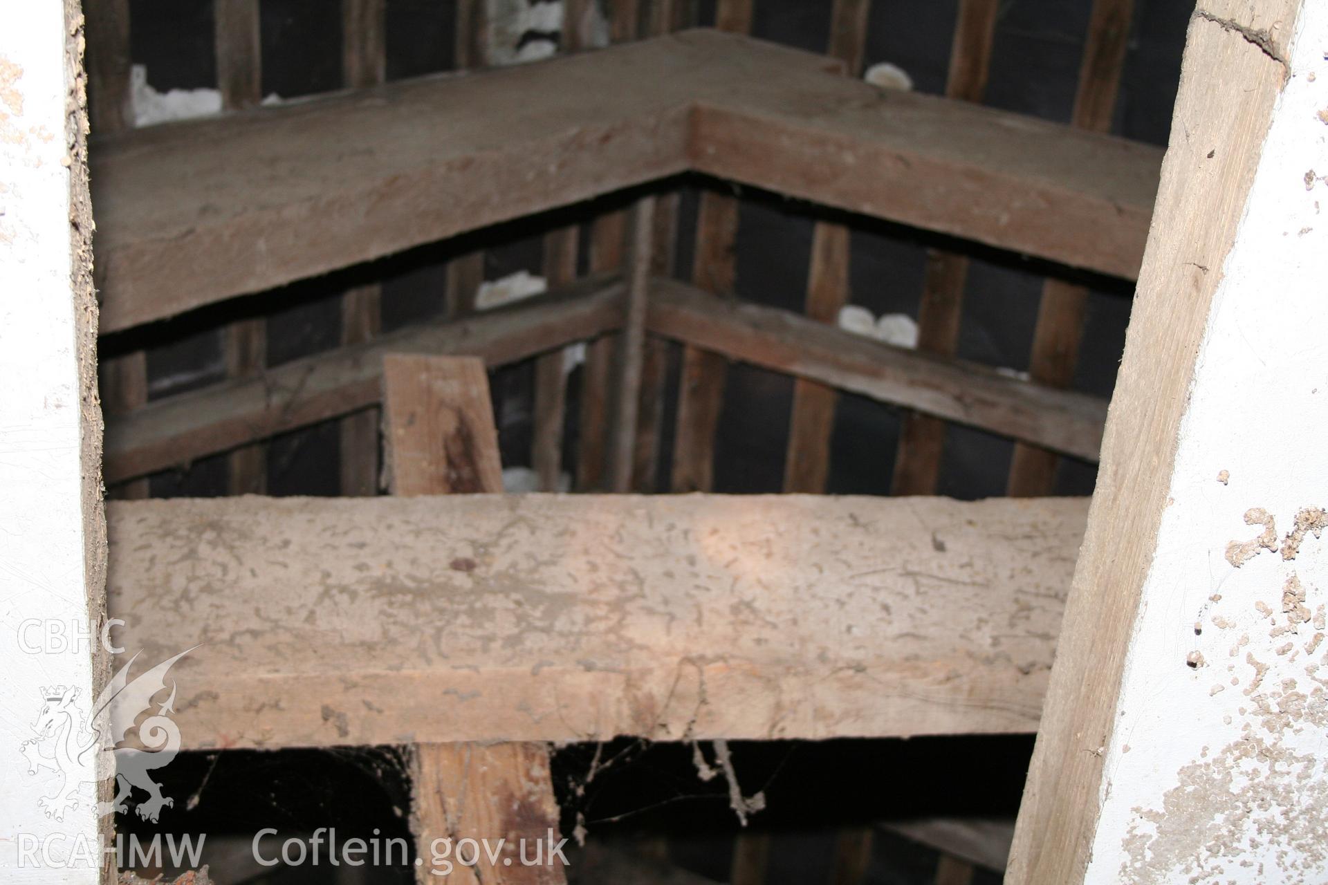 Interior view looking up at rafters in cattle shelter. Photographic survey of the southern range of cowhouses at Tan-y-Graig Farm, Llanfarian. Conducted by Geoff Ward and John Wiles, 11th December 2006.