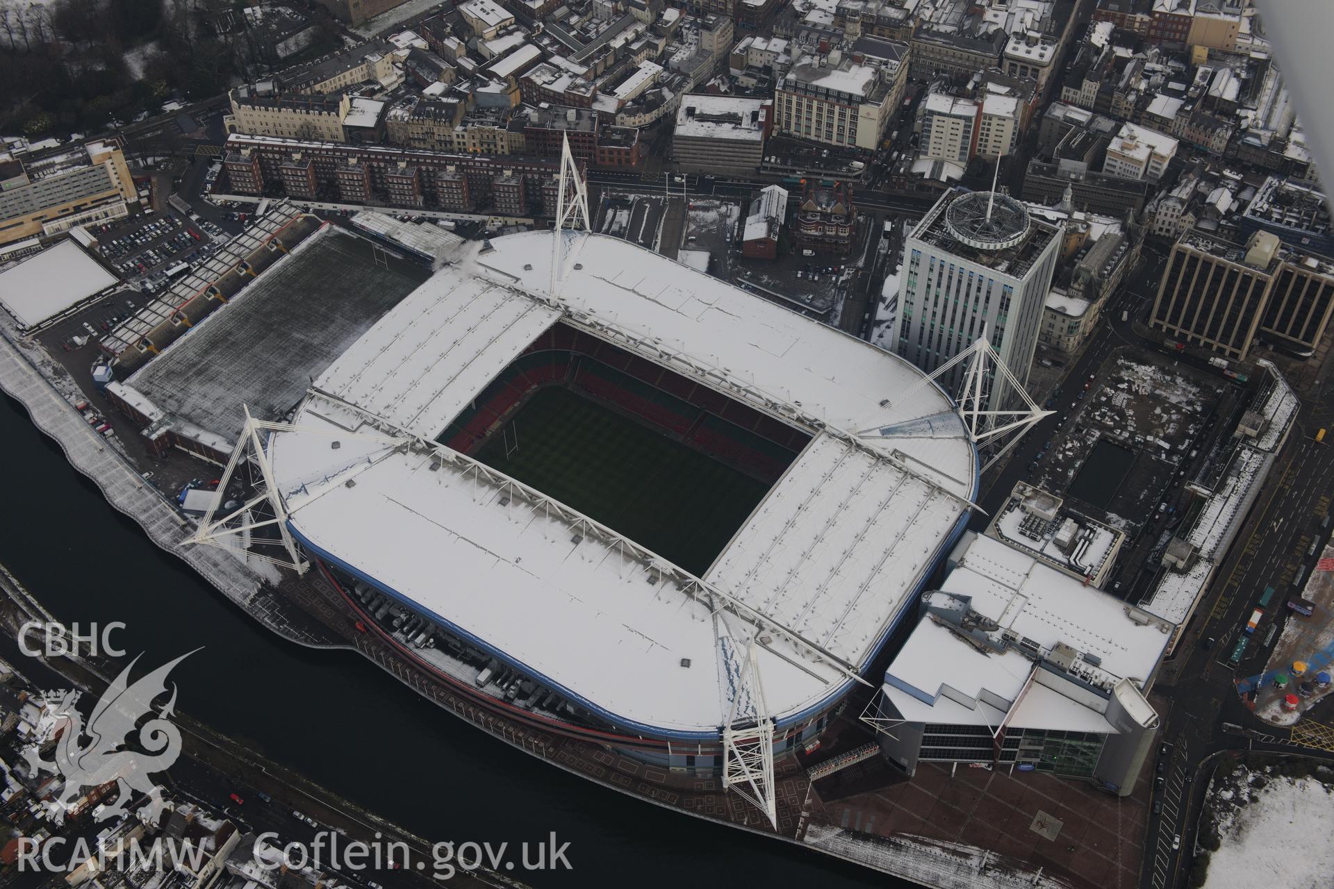 Cardiff Millennium Stadium and Cardiff Arms Park, Cardiff. Oblique aerial photograph taken during the Royal Commission?s programme of archaeological aerial reconnaissance by Toby Driver on 24th January 2013.