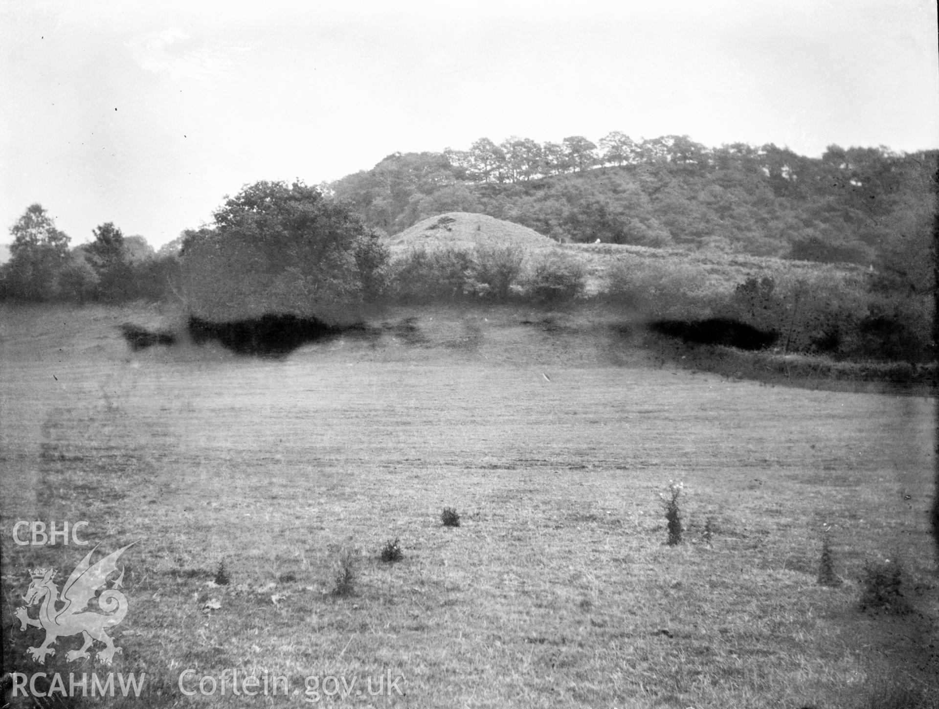 Digital copy of a nitrate negative showing Aberedw Castle Mound, Radnor. From the Cadw Monuments in Care Collection.