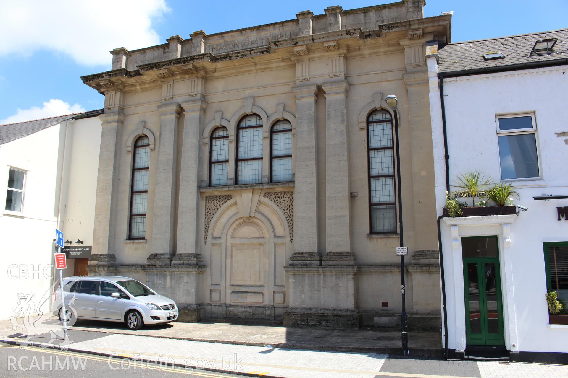 Exterior view of front elevation of the former United Free Methodist Church, now a Masonic Temple, in Cardiff. Photograph taken during survey conducted by Sue Fielding of the RCAHMW, 11th March 2019.
