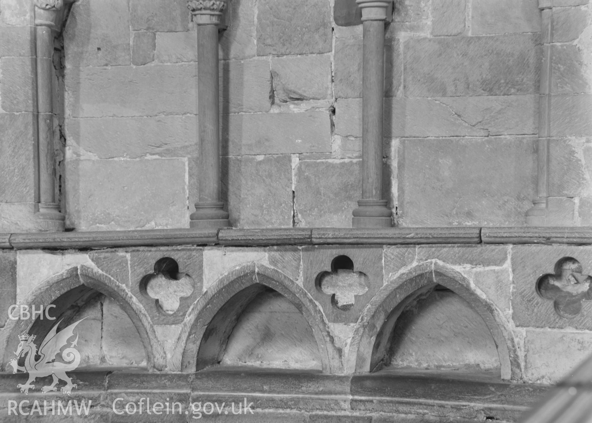 Digital copy of a black and white acetate negative showing detailed interior view at St. David's Cathedral, taken by E.W. Lovegrove, July 1936