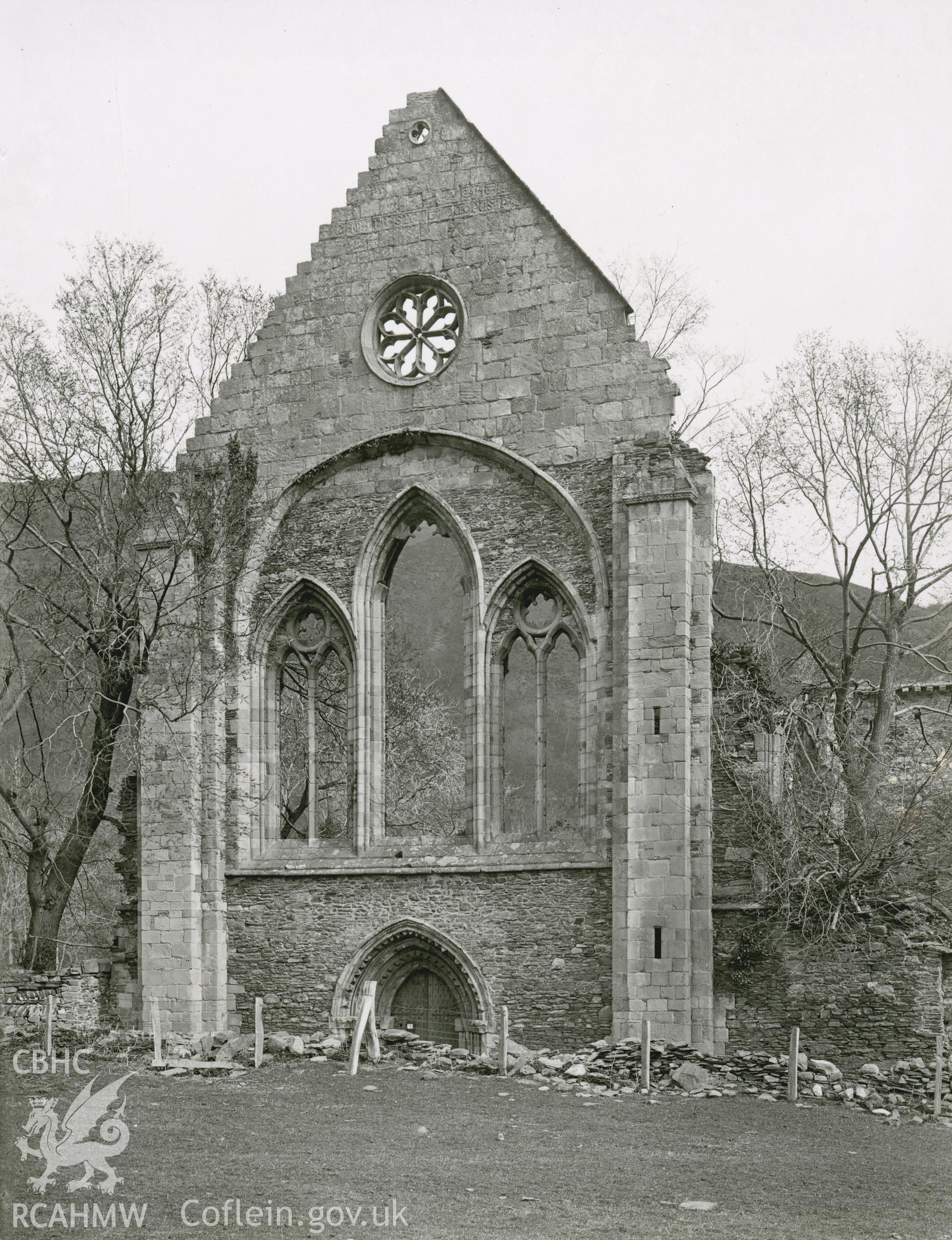 Digitised copy of a black and white print showing west front of church at Valle Crucis Abbey taken by F.H. Crossley, 1947. Negative held by NMR England.