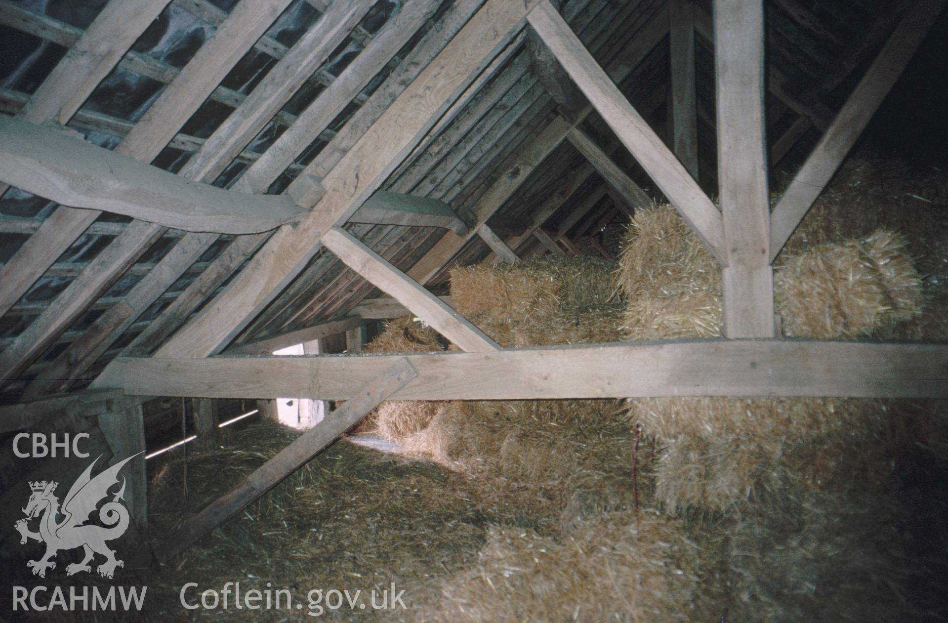 Digital copy of a colour slide showing interior roof structure at Pilleth Court Farm Building, produced by Geoff Ward.