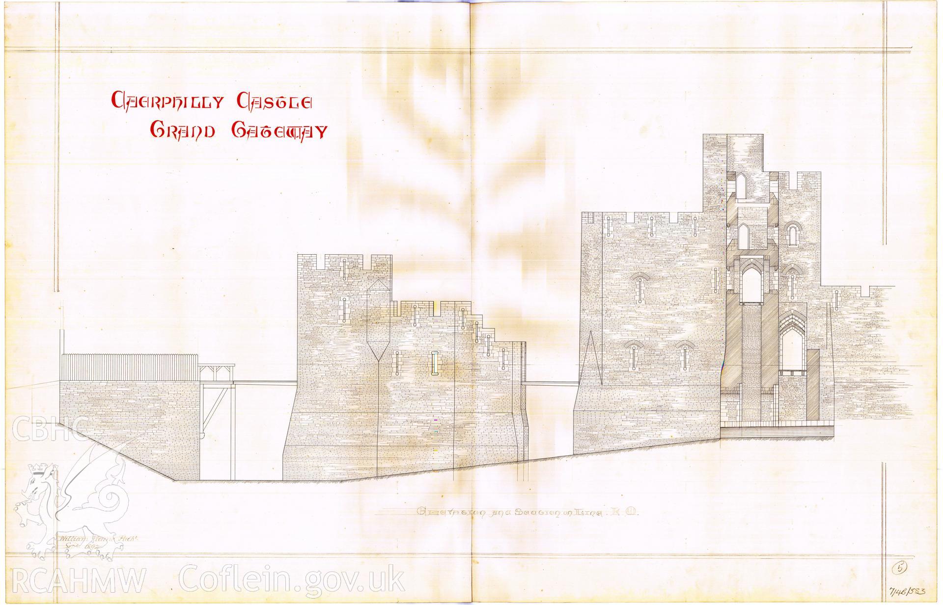 Cadw guardianship monument drawing of Caerphilly Castle. Grand Gateway Elevations & Section. Cadw Ref. No:714B/383. Scale 1:96.