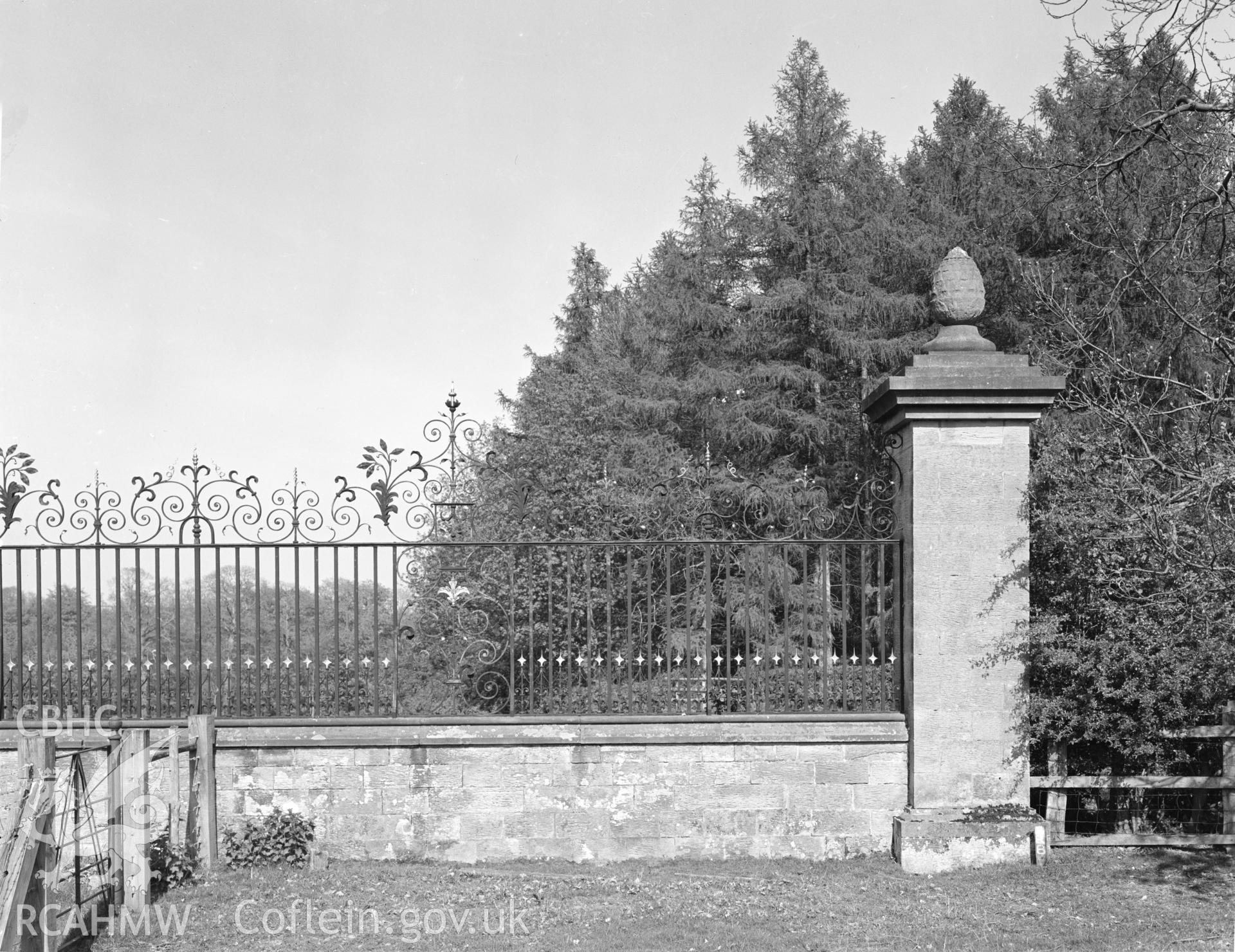 Digital copy of an acetate negative showing view of Chirk Castle gates taken by Department of Environment in 1977.