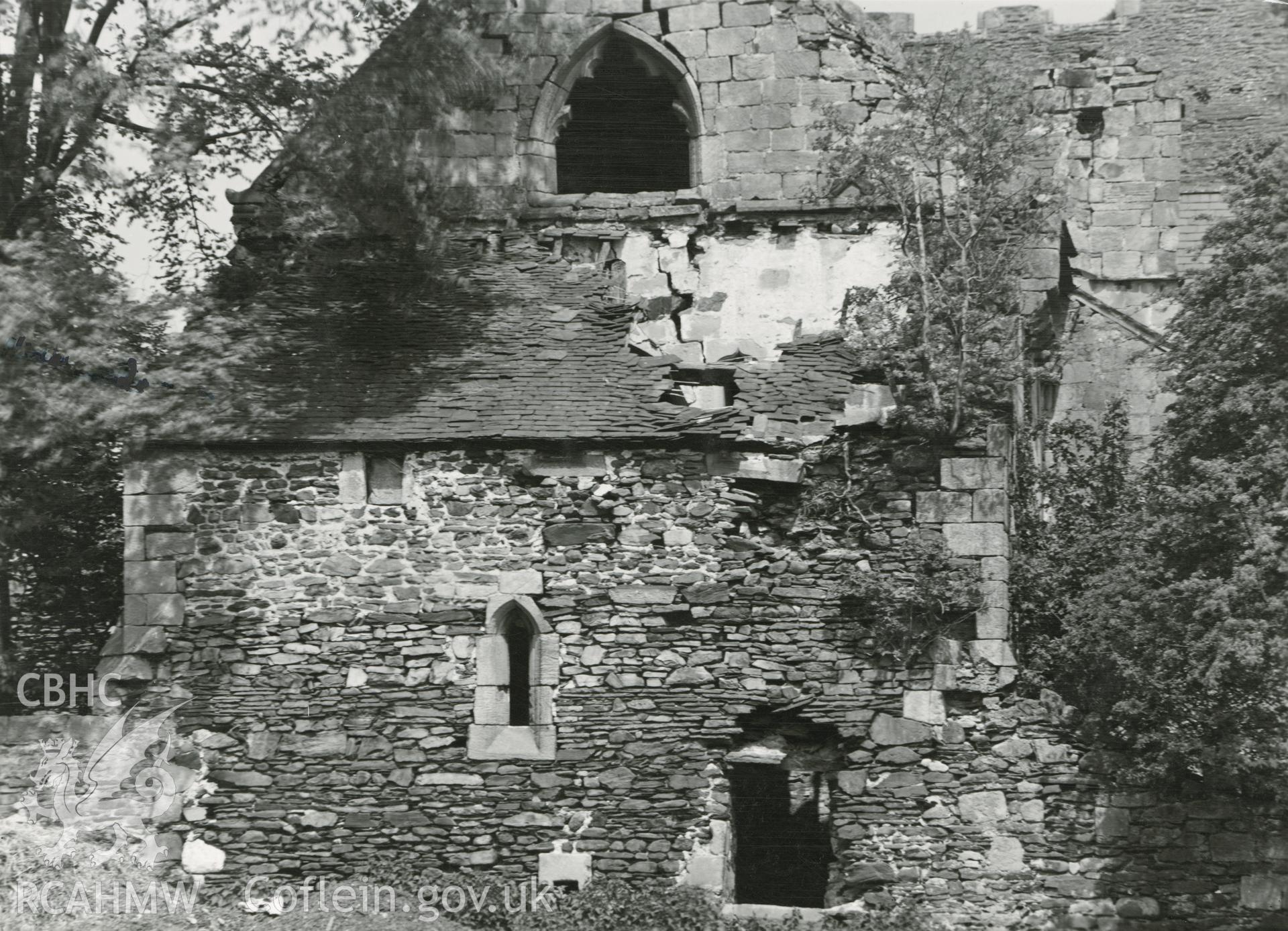 Digitised copy of a black and white photograph - close-up view of Valle Crucis Abbey showing rear from the south, taken by Shirley Jones, 1948.