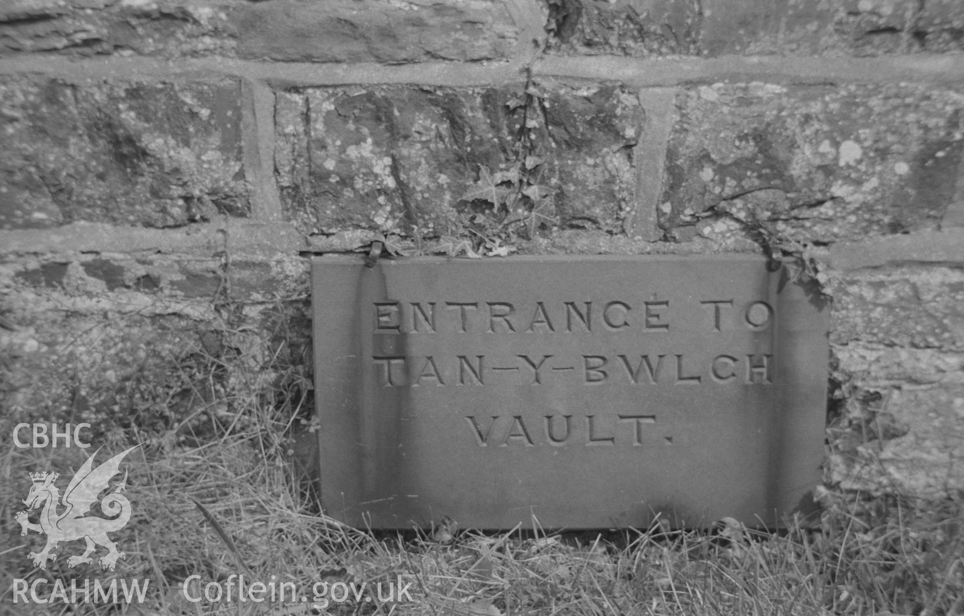 Digital copy of a black and white negative showing entrance stone to the Tan y Bwlch vault at St. Non's Church, Llanerchaeron. Photographed by Arthur O. Chater in September 1966.