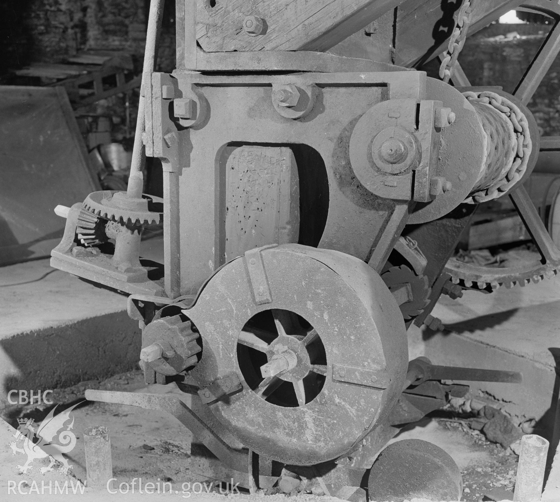 Digital copy of a black and white negative showing detail of the crane at Player's Works Foundry, Clydach, taken by RCAHMW, undated
